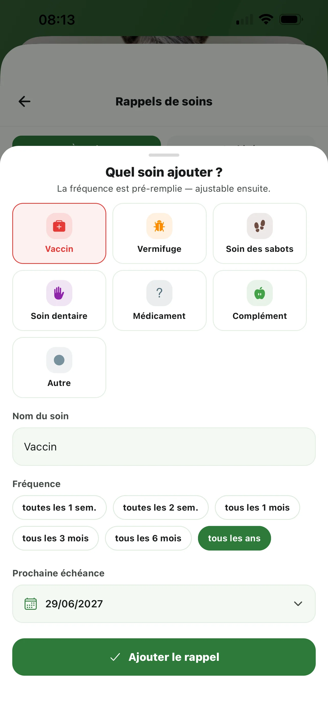 Modale d'ajout d'un rappel de soin dans Equio : choix du type, de la fréquence et de la date