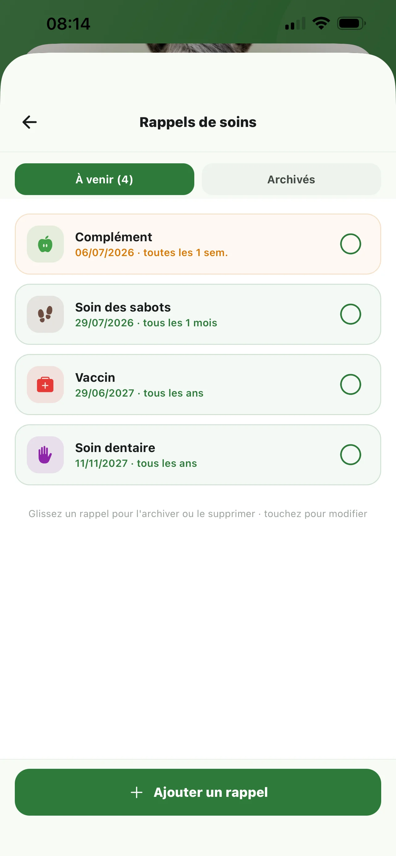 Liste des rappels de soins à venir pour un cheval dans l'application Equio : vaccin, vermifuge, soin des sabots