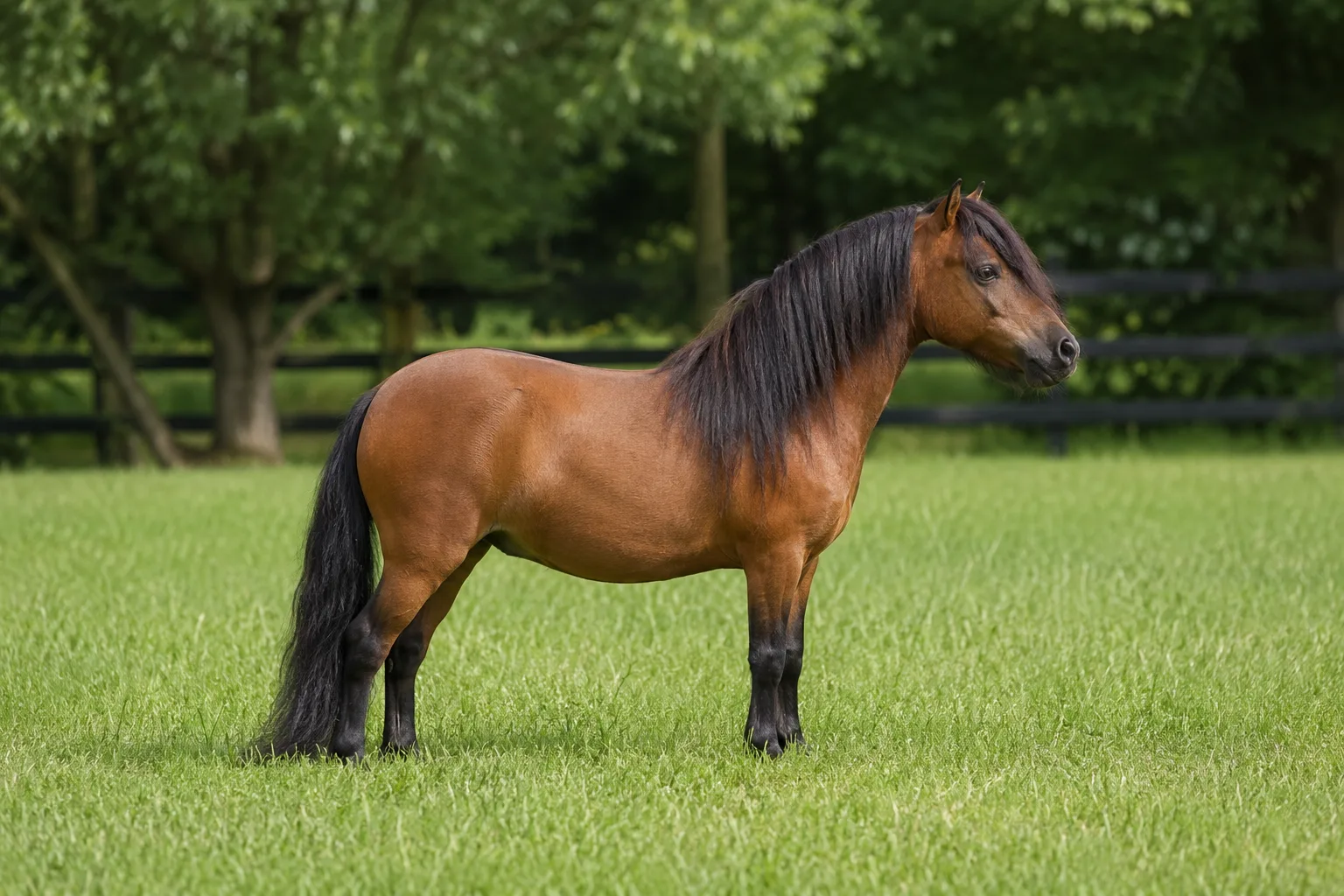 Adaev-Pferd im Profil in der kasachischen Steppe, braune Fellfarbe, trockene und muskulöse Silhouette