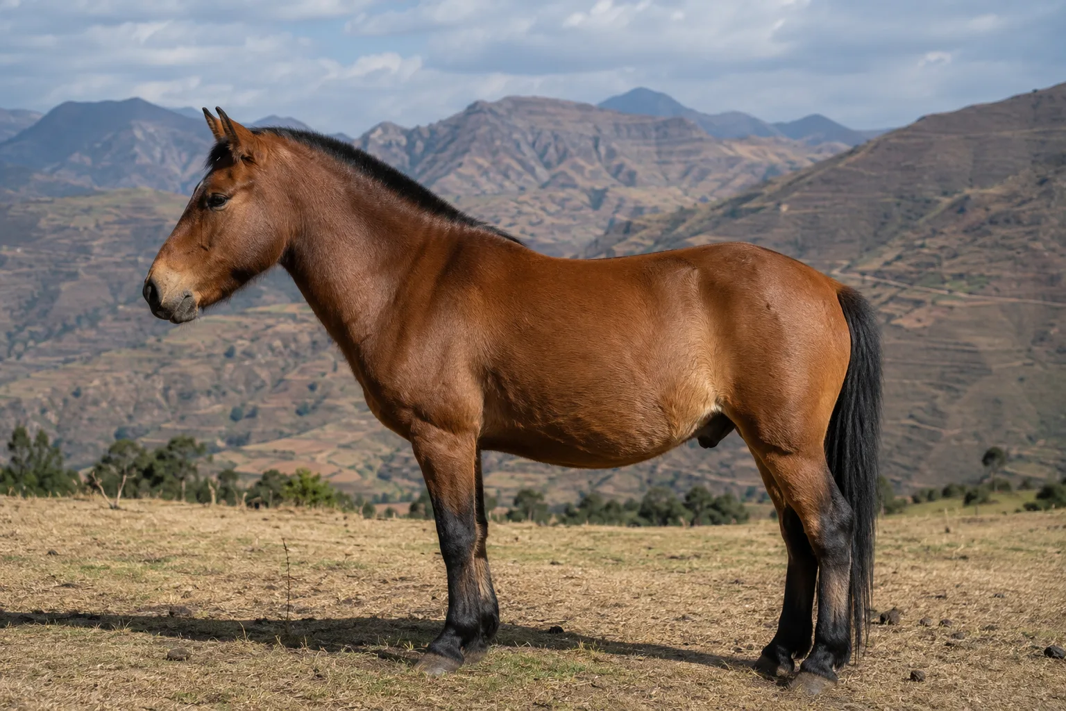 Caballo Aegidienberger bayo, de perfil, en un prado verde, mostrando su silueta elegante y armoniosa.