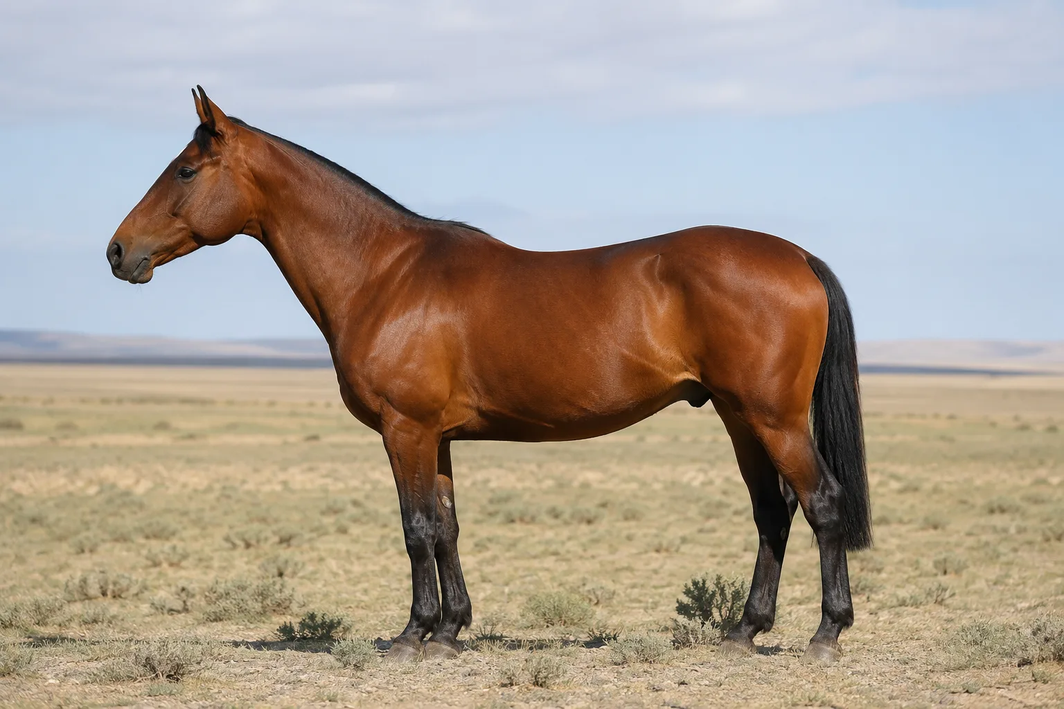 Palomino Achal-Tekkiner mit goldenem und glänzendem Fell, im Profil stehend in einer trockenen Steppe, unter klarem Himmel.