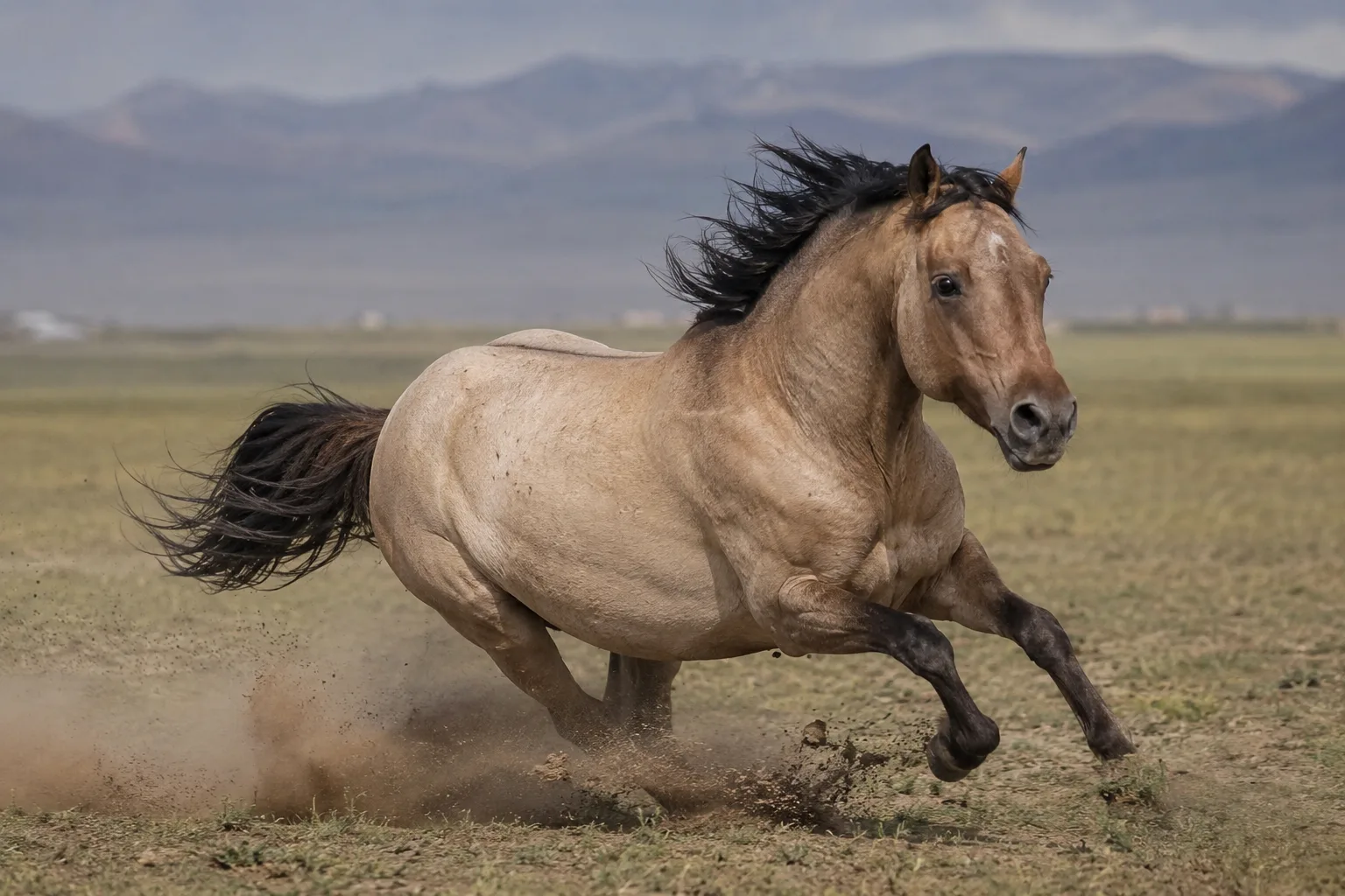 Akhal-Teke Brauner im vollen Galopp bei einem Distanzritt, mit seinem Reiter, in dynamischer Bewegung.