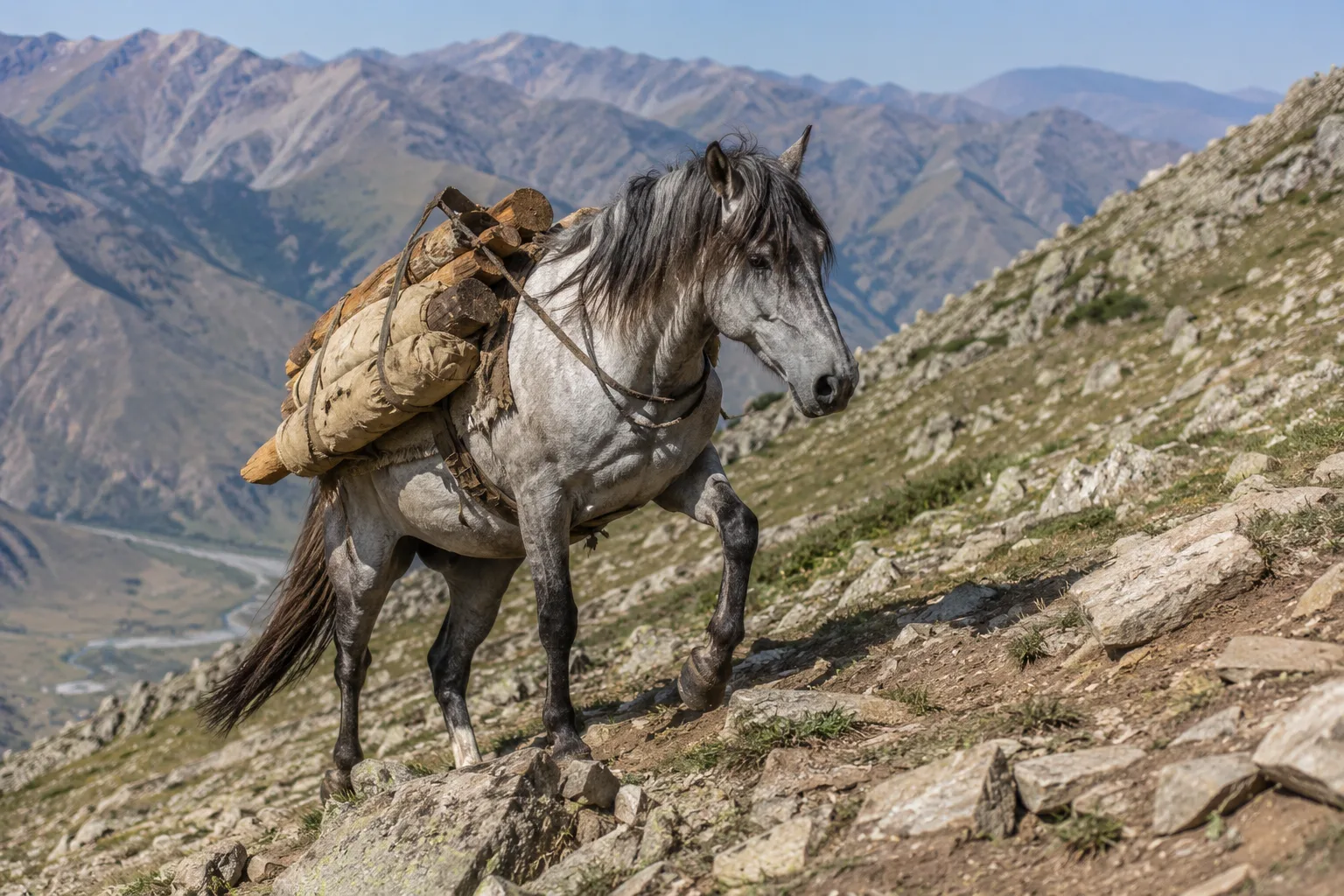 Cavallo Altai in azione, al trotto su un sentiero di montagna con un basto