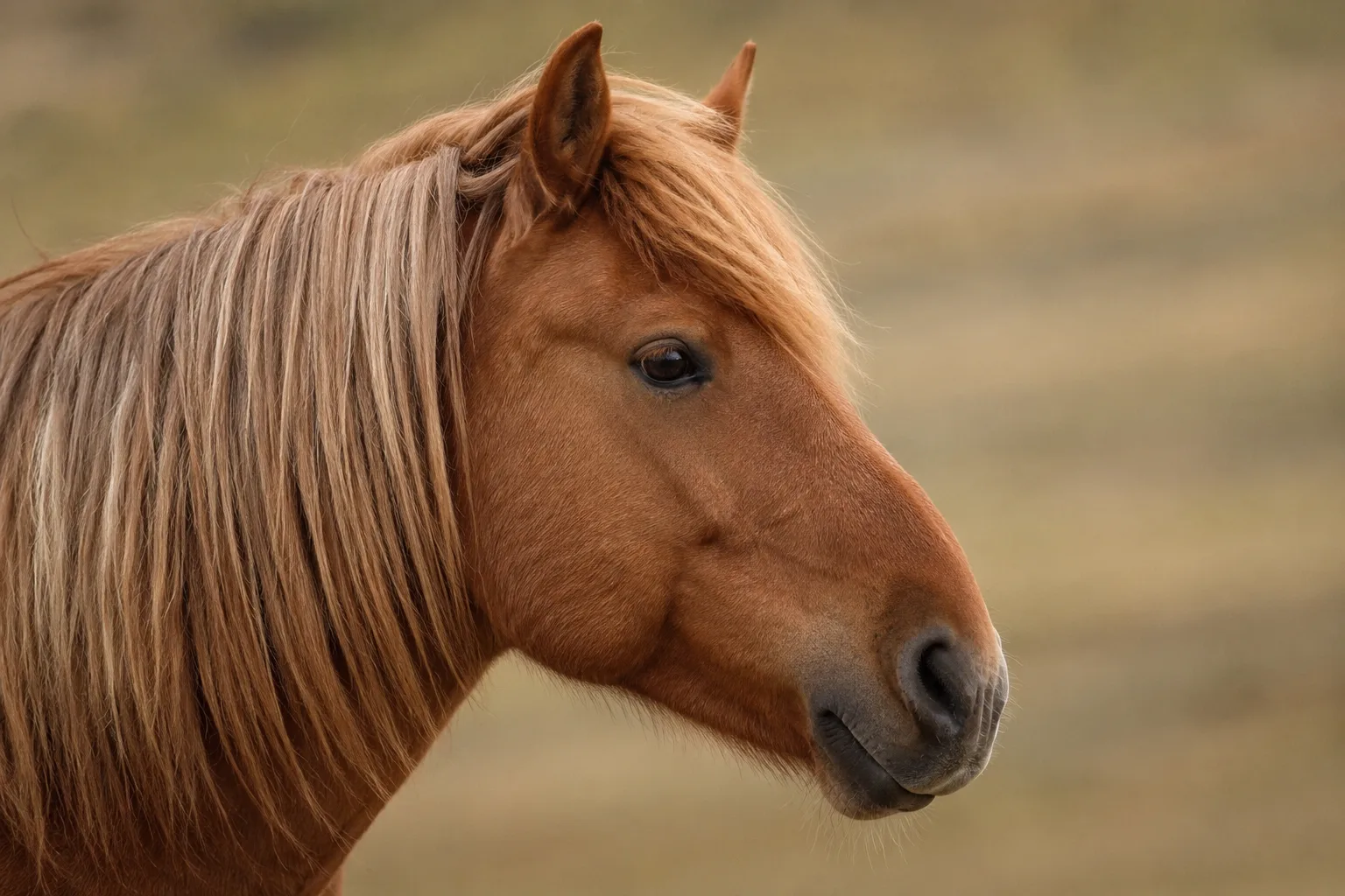 Primo piano sulla testa di un American Bashkir Curly, che mette in risalto i suoi occhi dolci, il suo profilo e la texture riccia della sua criniera e del suo ciuffo.