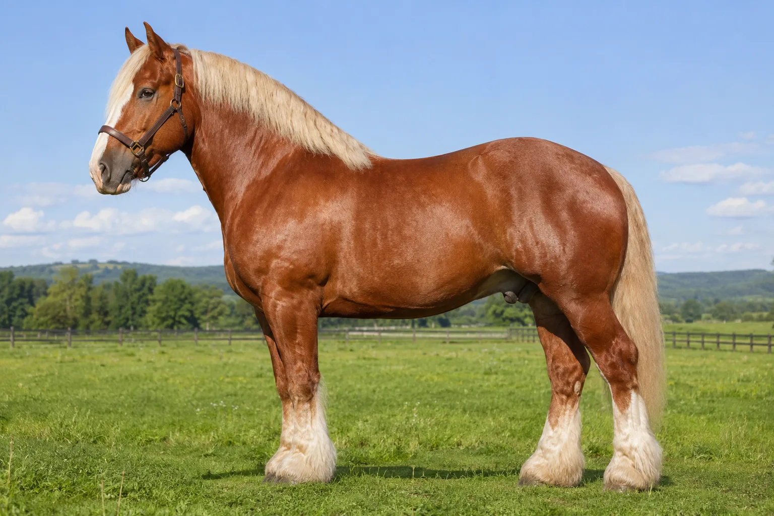 Caballo American Indian Horse de capa pía tobiana, de pie de perfil en una pradera soleada.