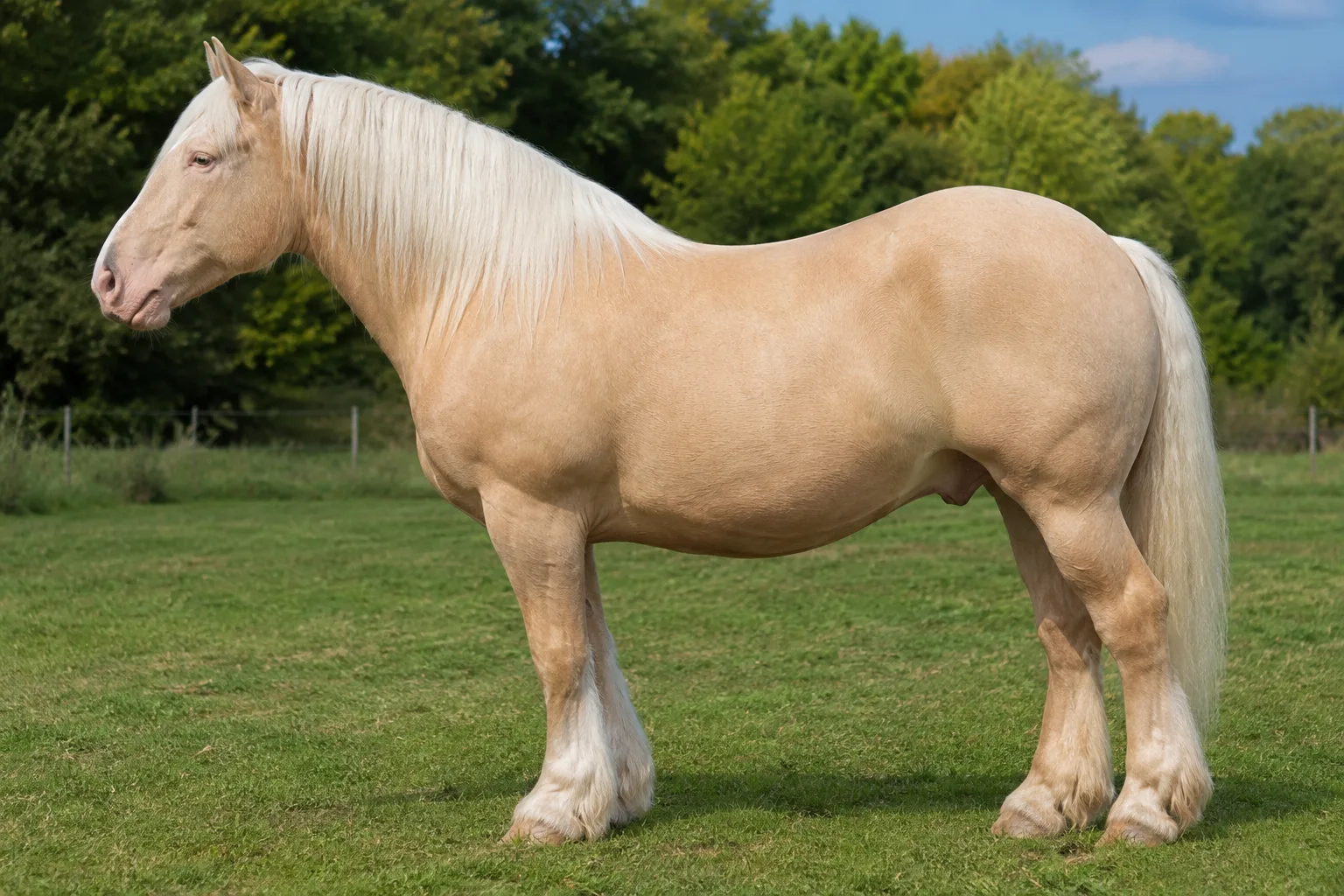 Foto de un American Miniature Horse de perfil, capa baya, elegante y bien proporcionado, en un prado verde.