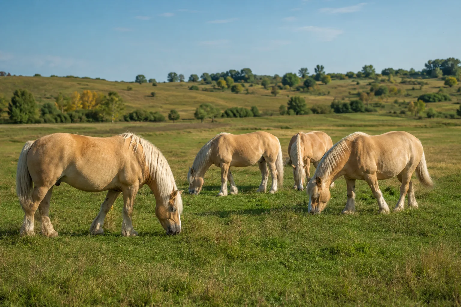 Varios American Miniature Horses pastando en un gran prado verde, bajo un cielo despejado.