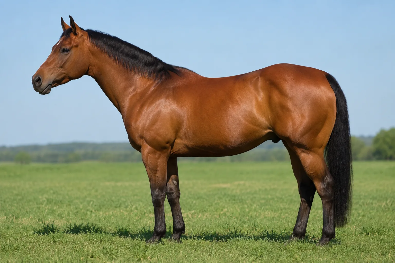 Foto de un American Quarter Horse bayo, de perfil, en un prado verde, mostrando su musculatura compacta y potente.