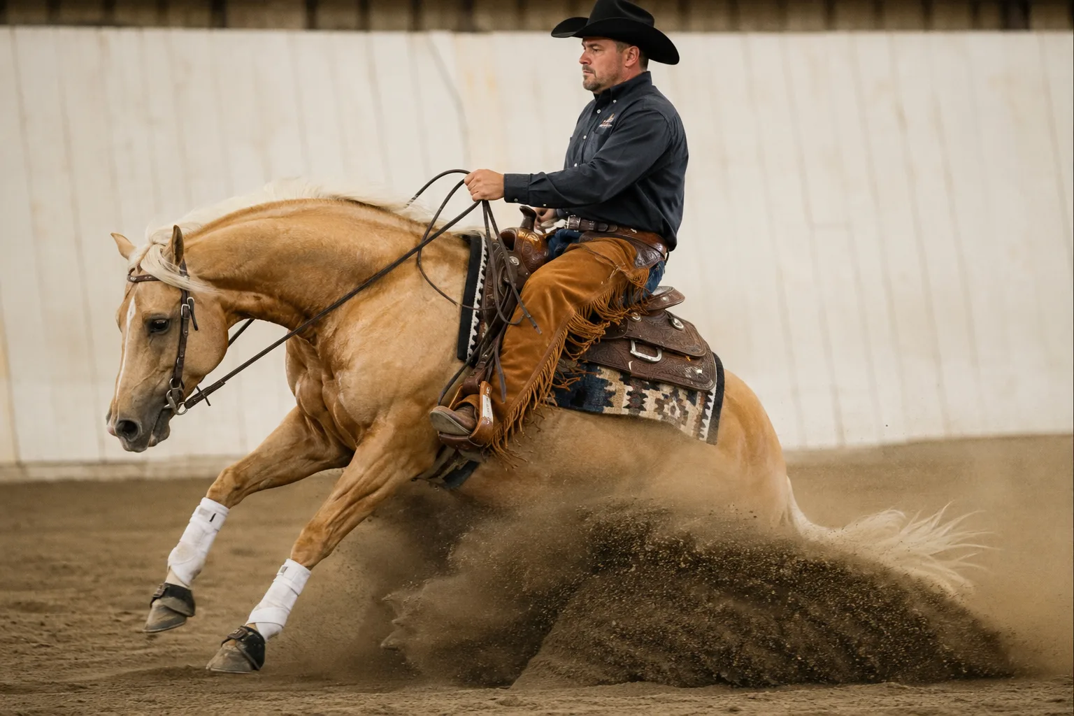 American Quarter Horse palomino en plena acción, realizando un sliding stop espectacular en una arena de reining, con un jinete western.