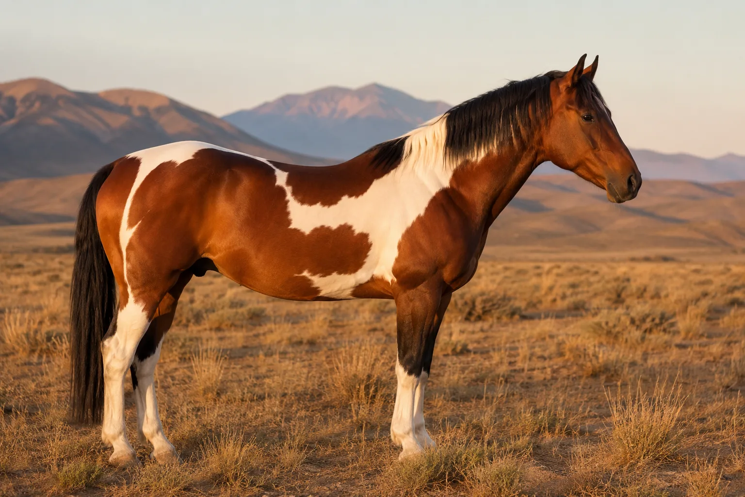 Cavallo American Saddlebred baio, di profilo, con un'incollatura arcuata e un portamento altero della testa, in un prato verdeggiante.