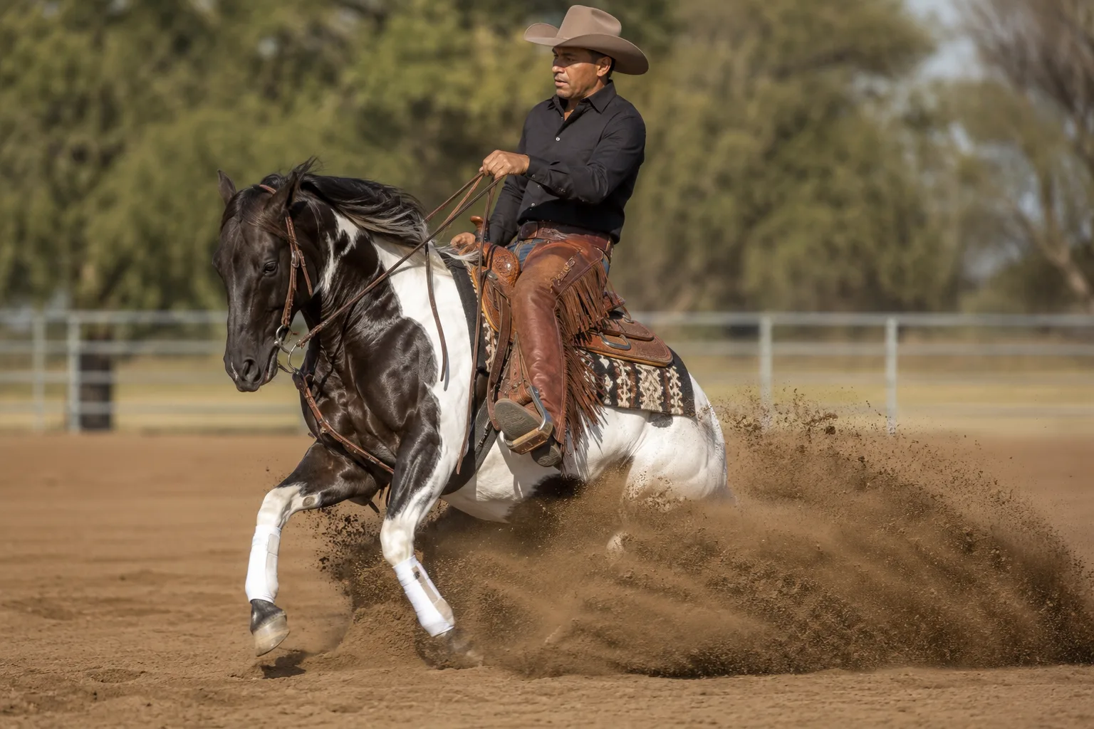 American Saddlebred in piena azione, che esegue l'andatura del 'rack' con un cavaliere in tenuta da arena da concorso.