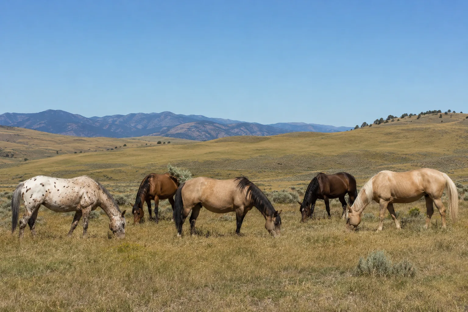 Un gruppo di American Saddlebred (palomino e nero) che pascolano tranquillamente in un grande pascolo verdeggiante.