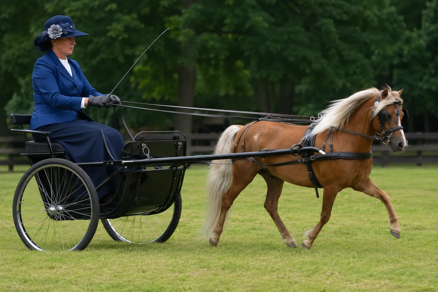 American Shetland Pony im vollen Trab, zieht einen Sulky mit einem Kind, bei einem Fahrturnier.