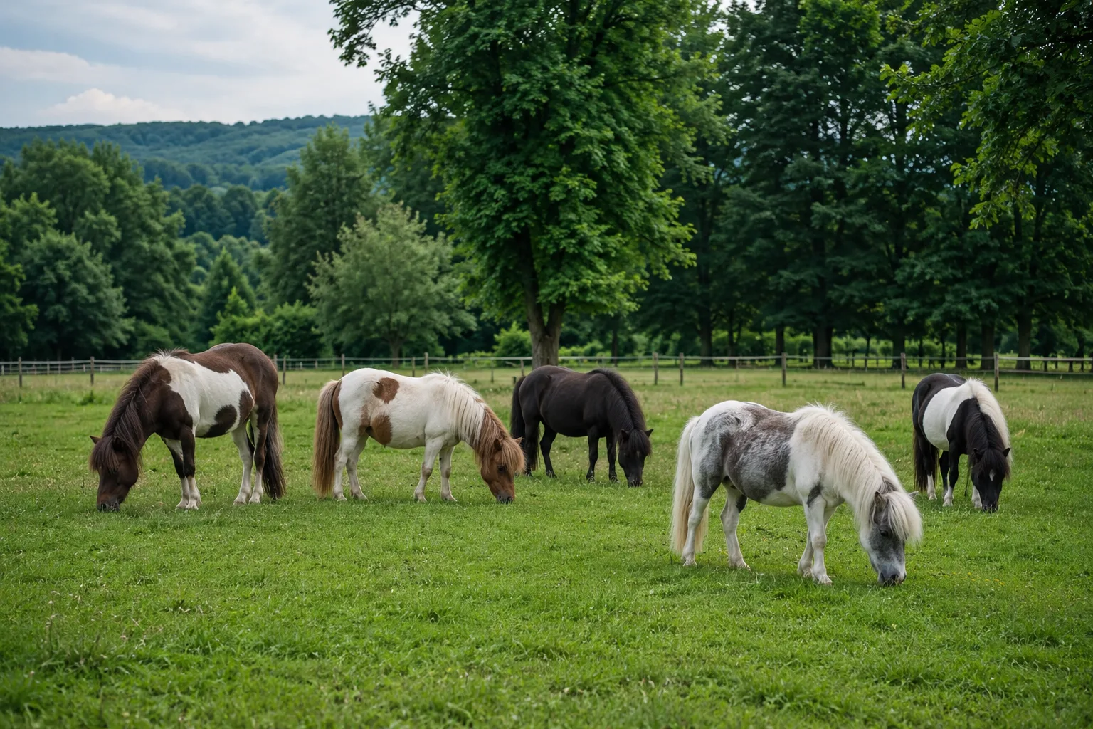Herde von American Shetland Ponys verschiedener Fellfarben, friedlich auf einer großen Wiese weidend.
