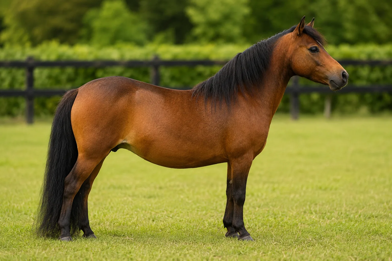 Cavallo American Warmblood baio, di profilo, in un prato verdeggiante, che mostra la sua silhouette atletica ed elegante.