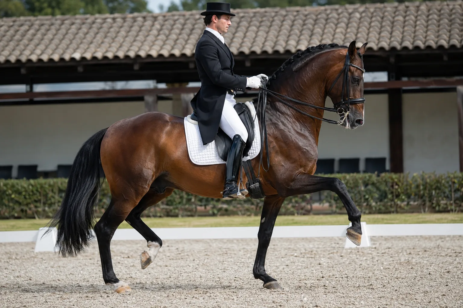 Andalusier (PRE) Brauner in voller Aktion, der eine Lektion der Hohen Schule auf einem Reitplatz ausführt.