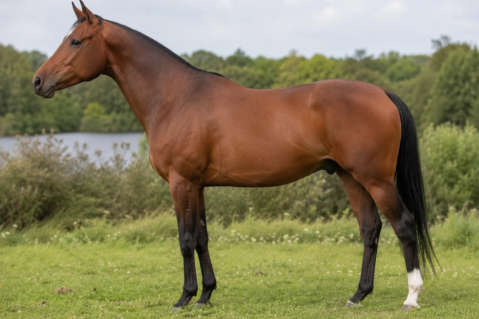 Cavallo Anglo-Arabo baio, di profilo, elegante e atletico, in un prato soleggiato.