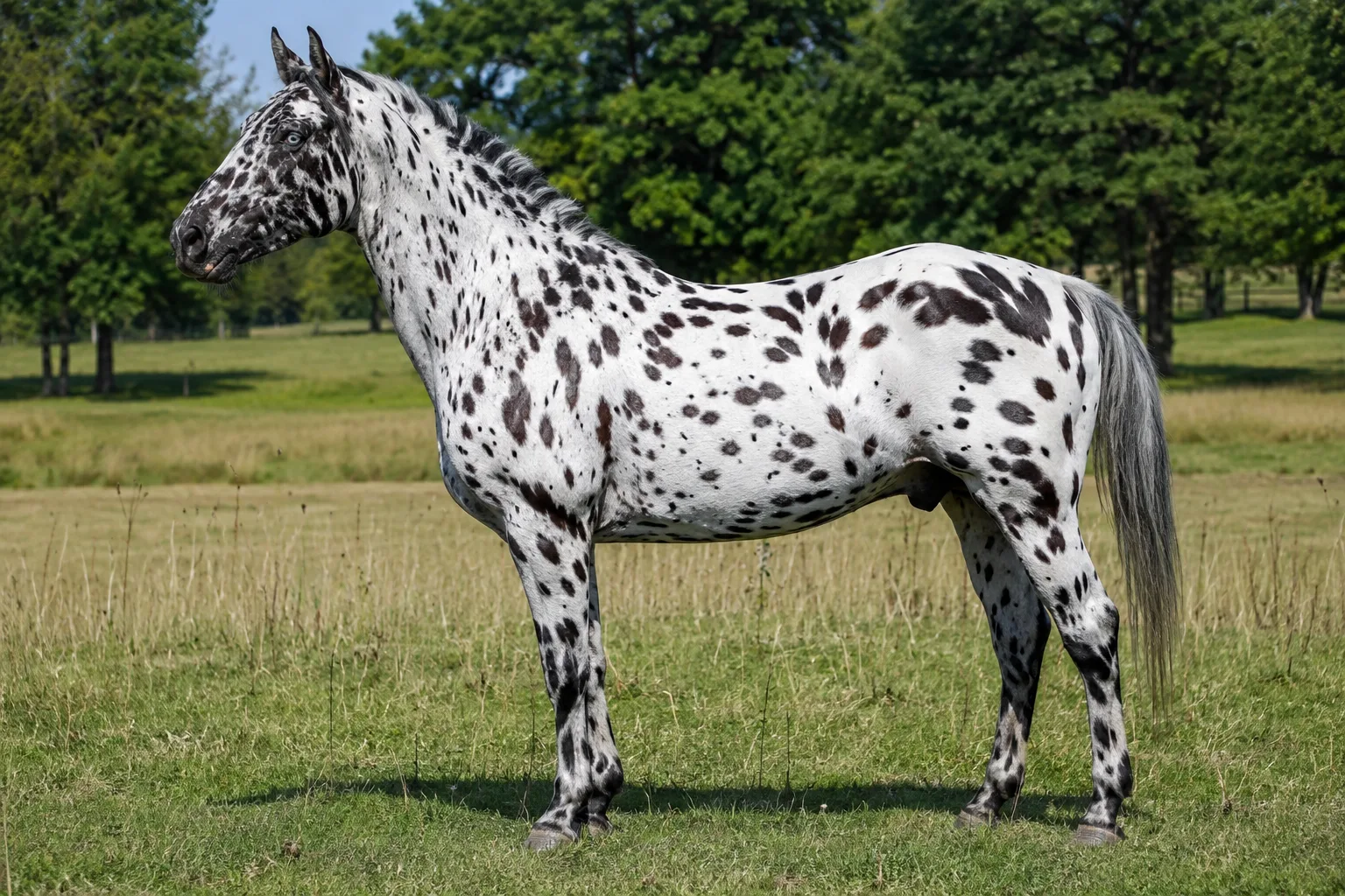 Appaloosa-Pferd im Leopard-Muster, im Profil, auf einer grünen Weide, das seine Muskulatur und Rassemerkmale zeigt.
