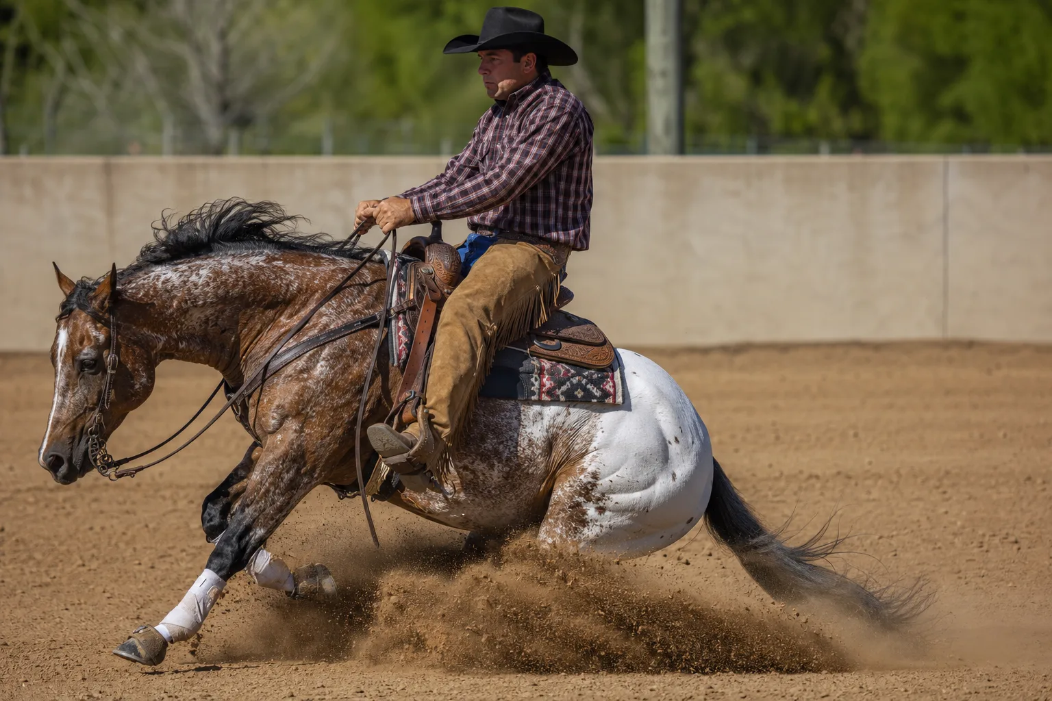 Appaloosa in voller Aktion bei einem Reining-Slide-Stop, mit einem Westernreiter, der seine Kraft und Agilität zeigt.