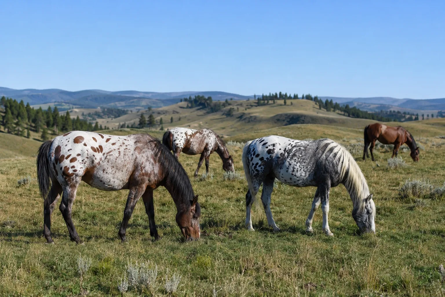 Herde von Appaloosas mit verschiedenen Fellfarben (Roan, Frosted) friedlich auf einer großen Weide unter blauem Himmel weidend.