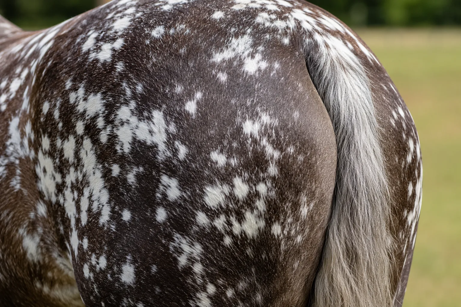 Detail der Kruppe eines Appaloosas mit Schneeflockenmuster (weiße Flecken auf dunklem Grund), mit einem feinen Schweif.