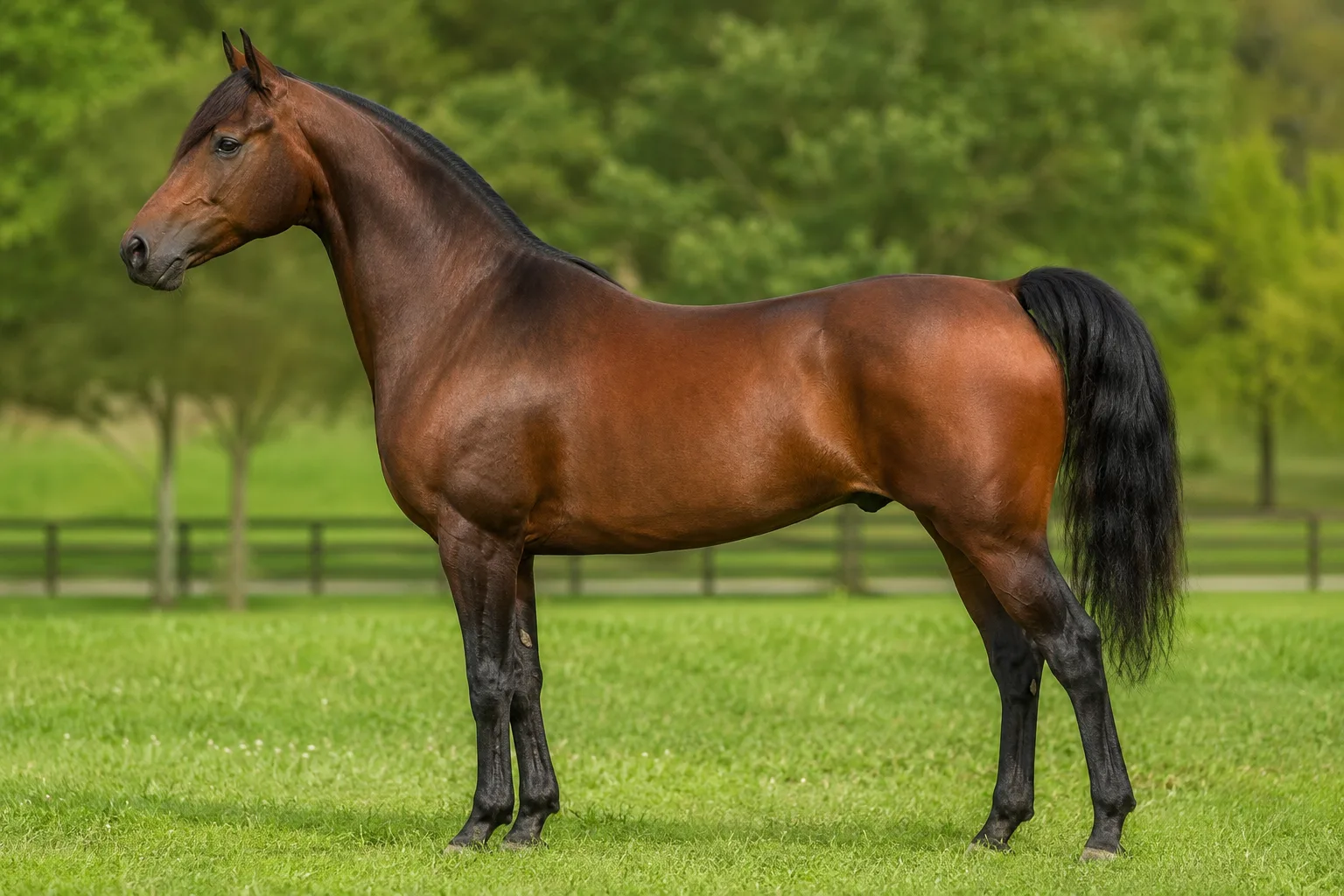 Braunes Arabisches Pferd, im Profil, in einer Wüstenlandschaft, das seine elegante Silhouette und seinen hoch getragenen Schweif zeigt.