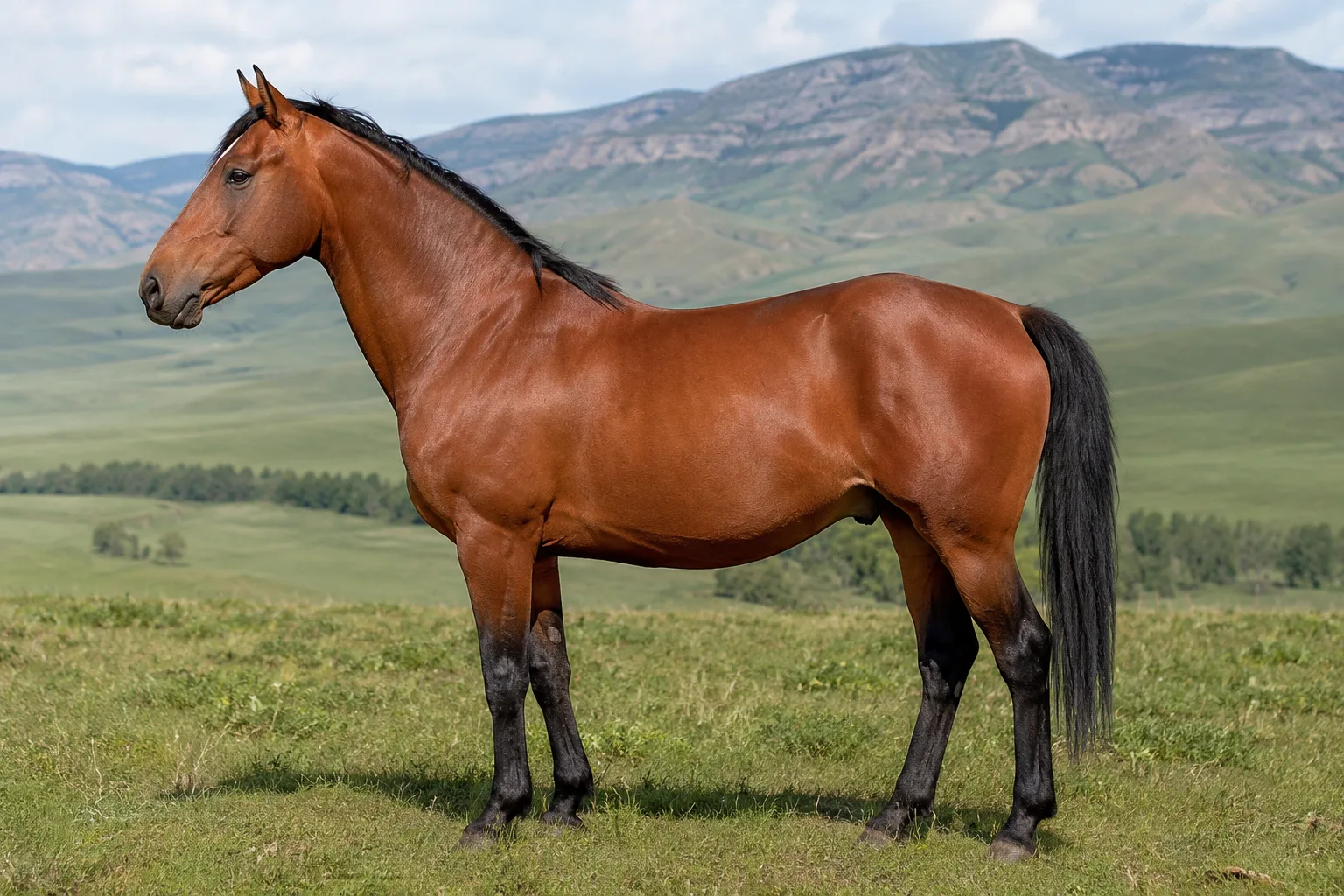 Cavallo Arabo Shagya grigio, elegante e muscoloso, in piedi di profilo in un prato verdeggiante, con la coda portata alta.