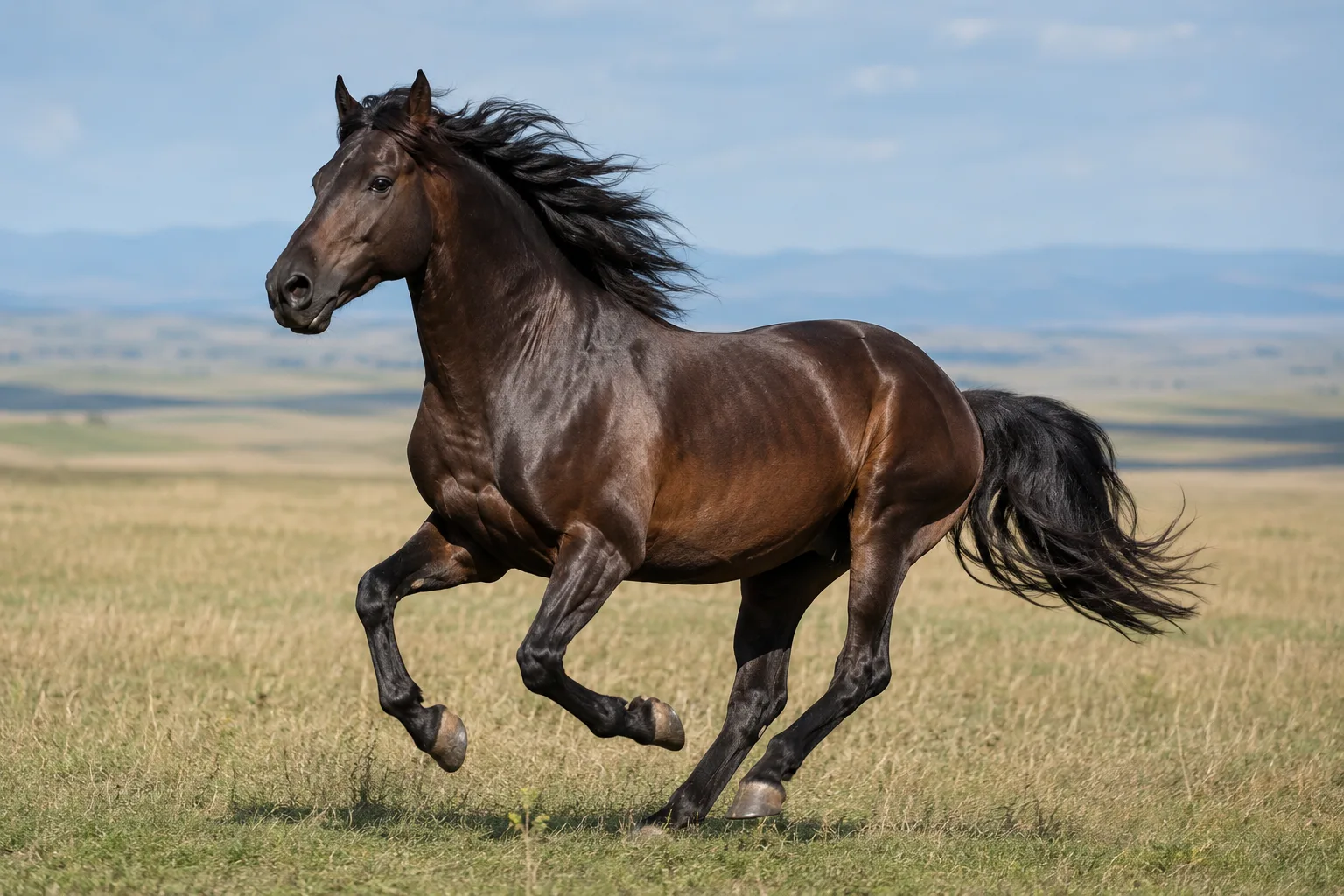 Arabo Shagya sauro al galoppo in un grande campo, criniera e coda fluttuanti, movimento dinamico.