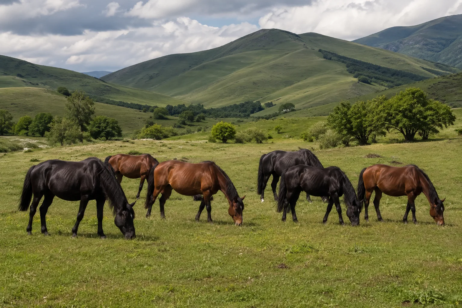 Mandria di Arabi Shagya di diversi mantelli che pascolano tranquillamente in un paesaggio di campagna ungherese.