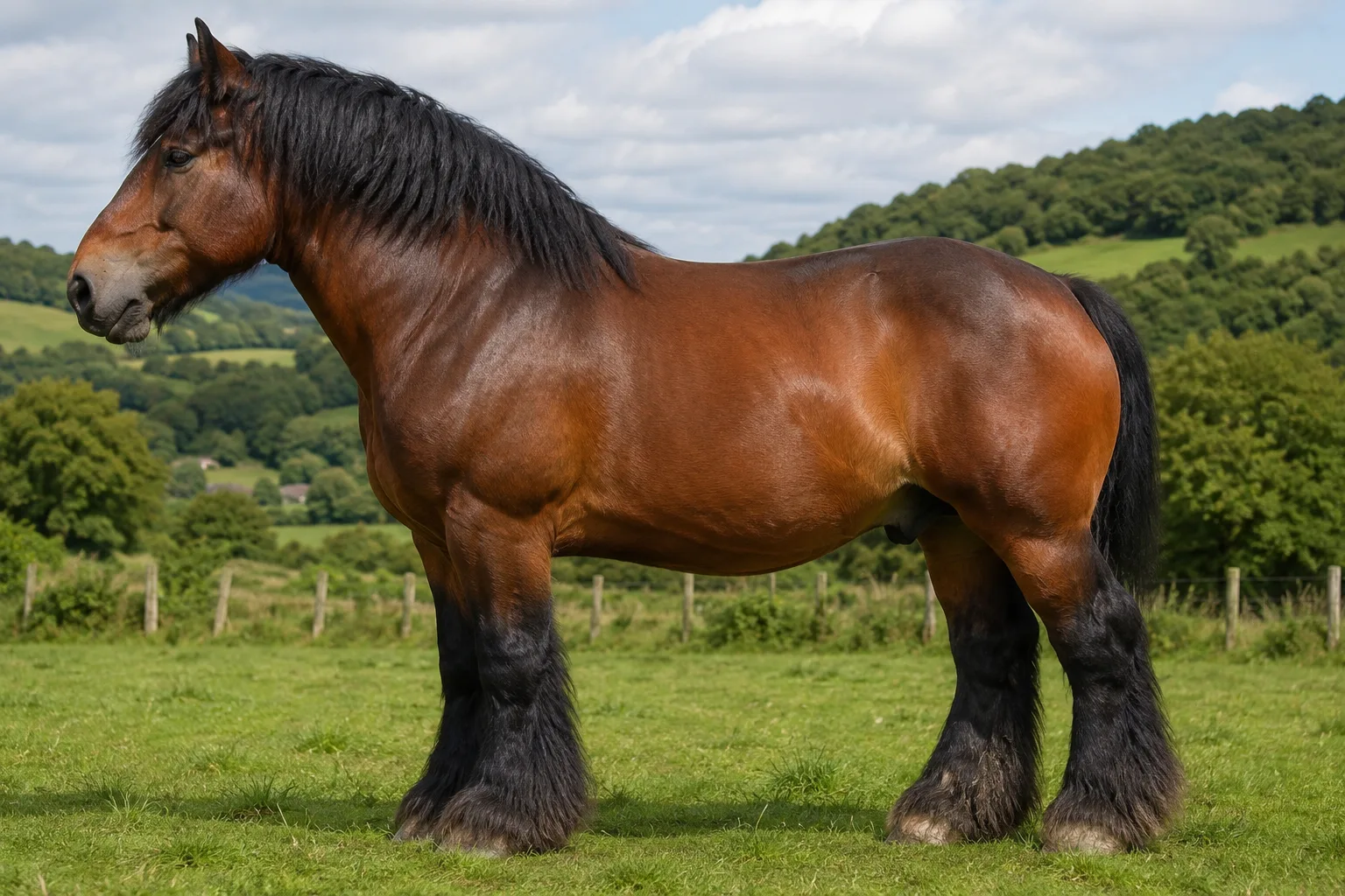 Brauner Ardenner, kräftig und kompakt, im Profil auf einer grünen Wiese unter klarem Himmel stehend.