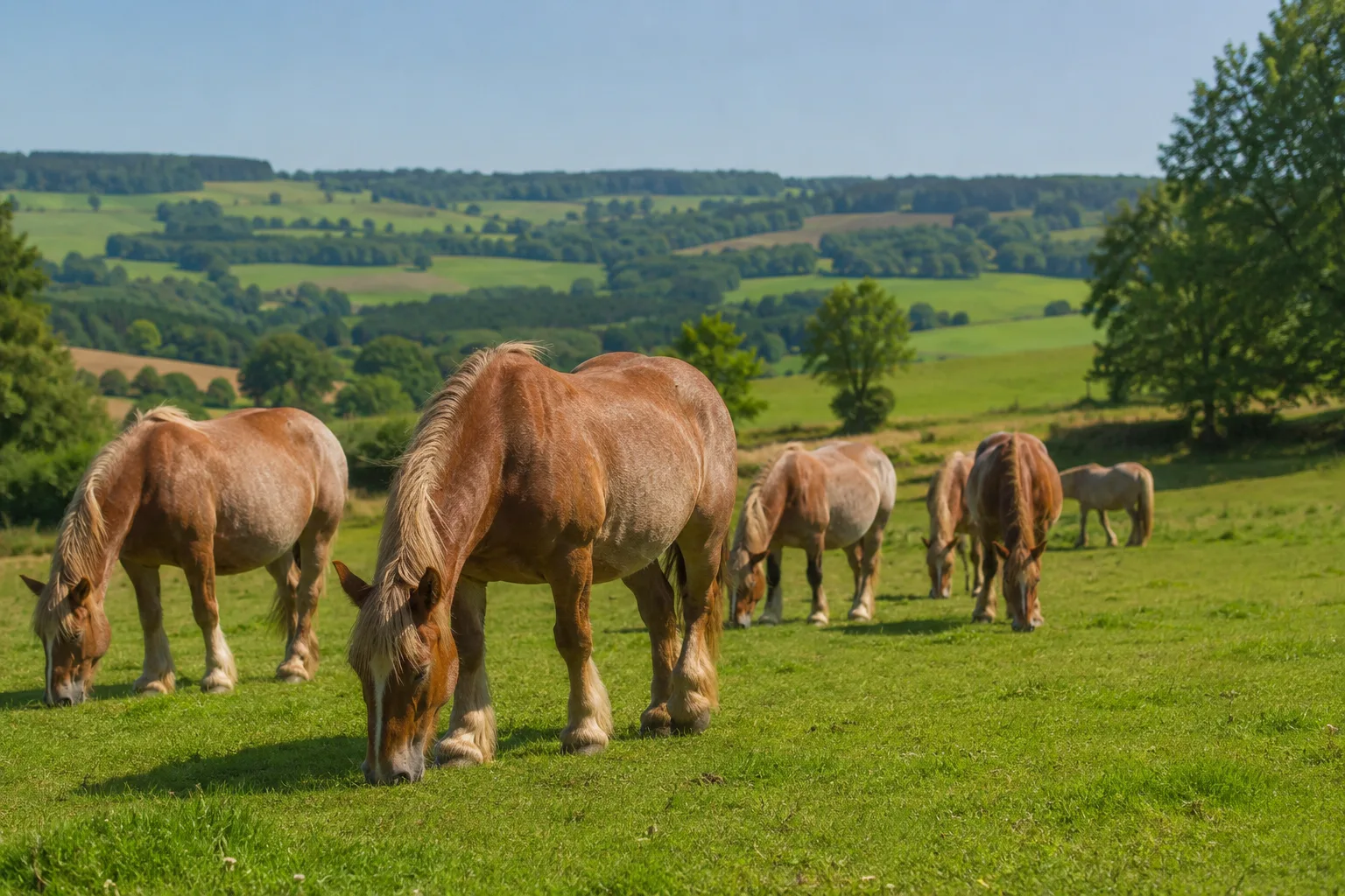 Eine Gruppe Ardenner, die friedlich in einer hügeligen Landschaft der Ardennen weidet.
