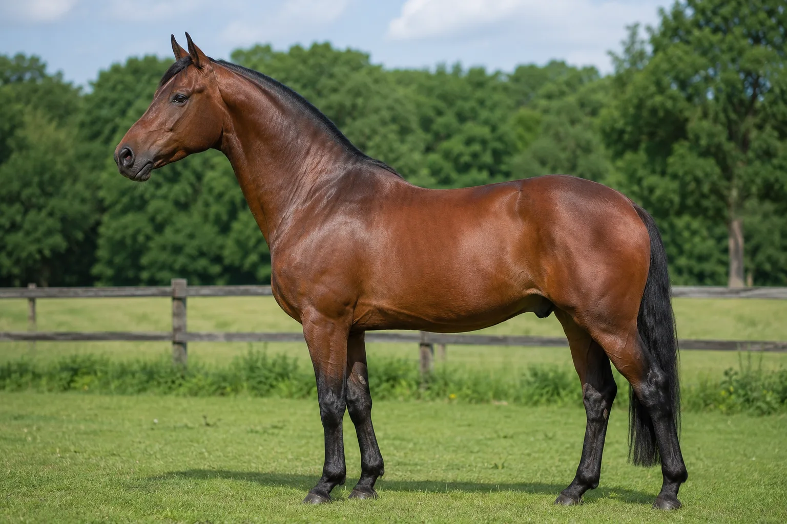 Cavallo Asturcón nero a figura intera, di profilo, in un paesaggio montuoso delle Asturie.