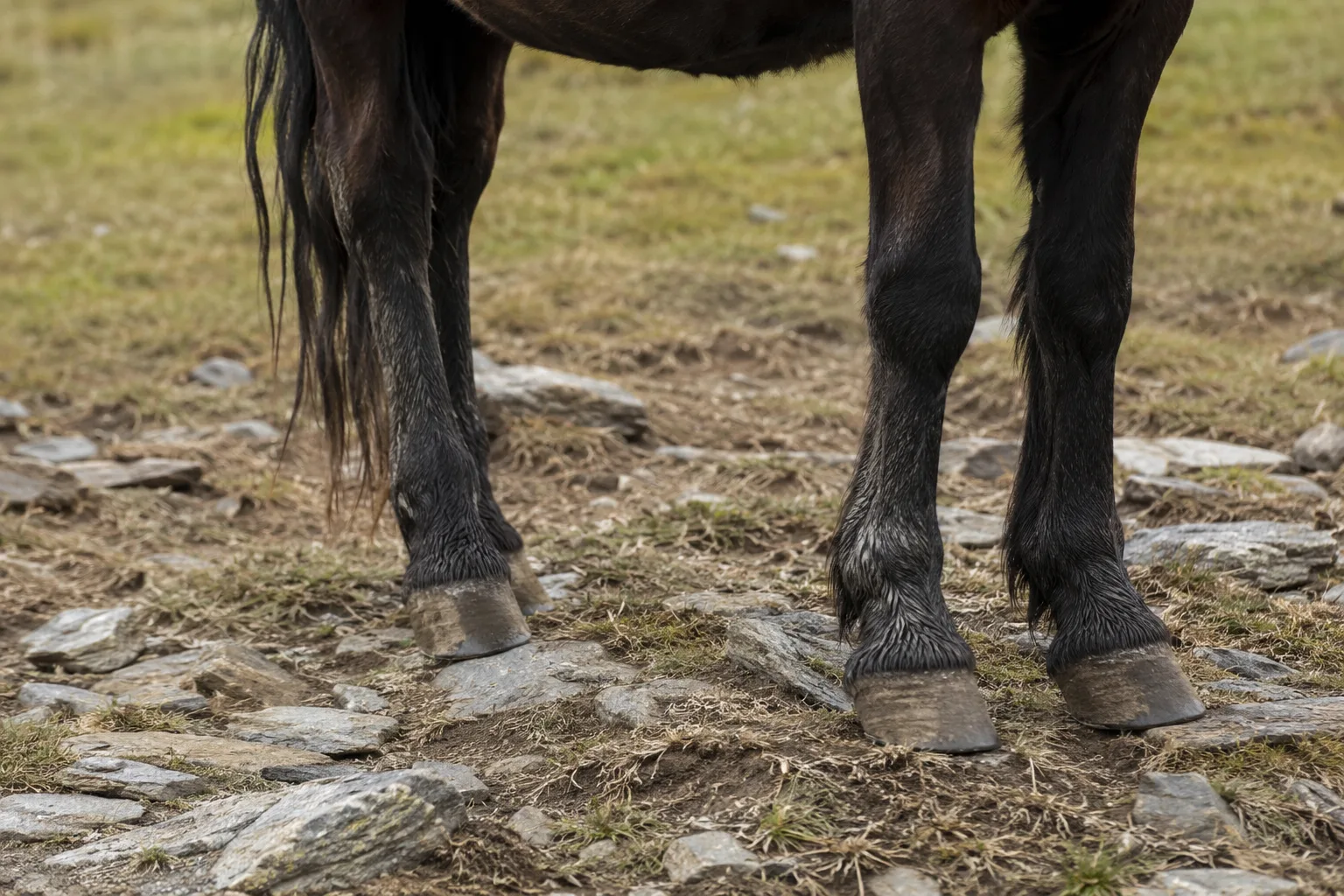 Dettaglio del mantello nero pangaré di un cavallo d'Alvernia, che mostra i riflessi rossastri sul muso e sul ventre