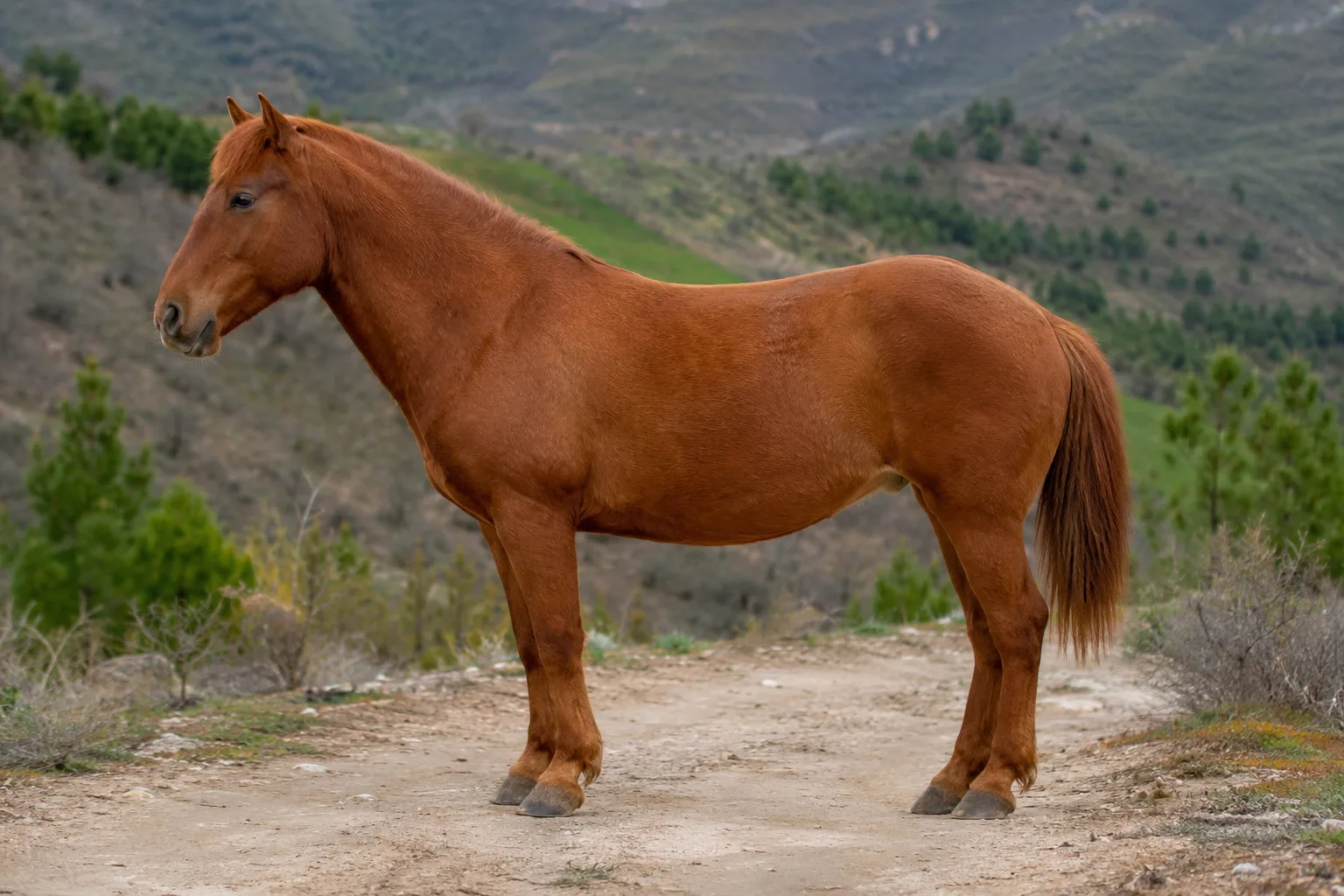 Baise-Pferd mit Fuchsfell und hellem Langhaar, das die Textur seines Fells und die Robustheit seiner Gliedmaßen zeigt.