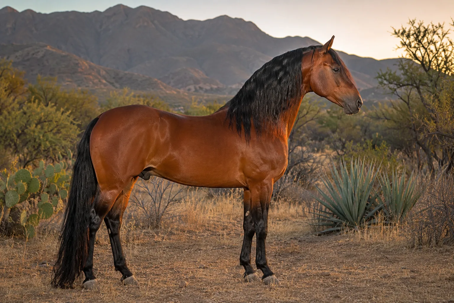 Bale-Pferd im Profil, braunes Fell, auf bergigem Gelände in Äthiopien