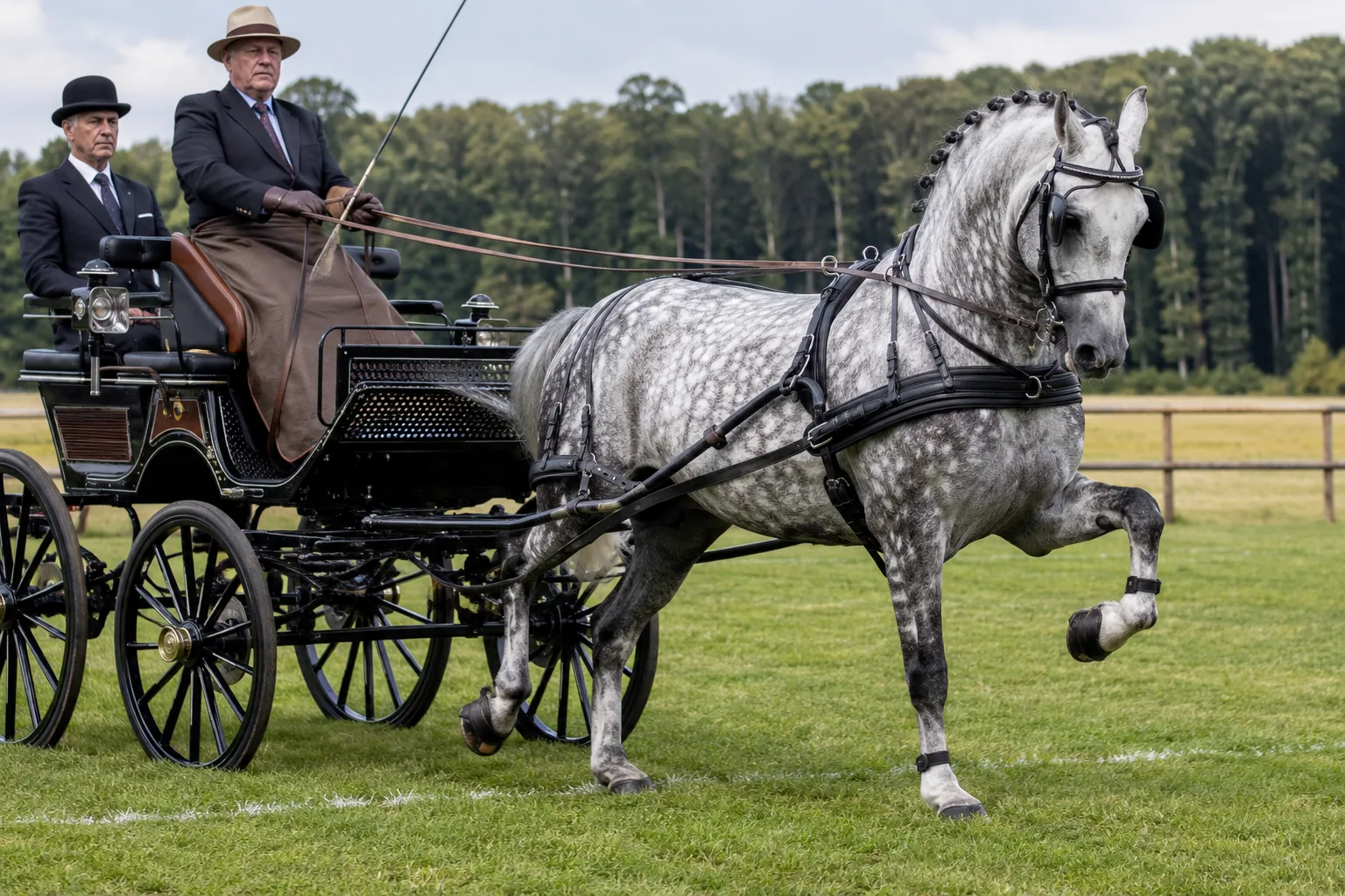 Cavallo Boulonnais grigio al trotto, che tira un attacco da competizione, dimostrando la sua potenza e la sua eleganza.
