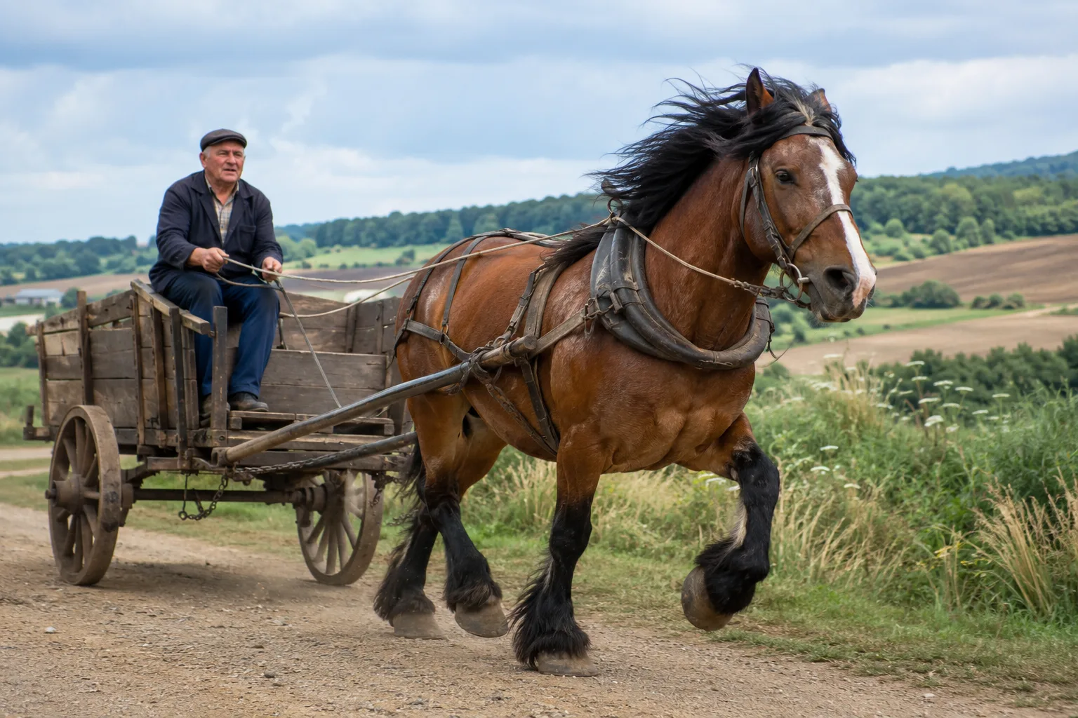 Cavallo Bretone in azione, che tira un carro di legno su una strada sterrata, in attacco.