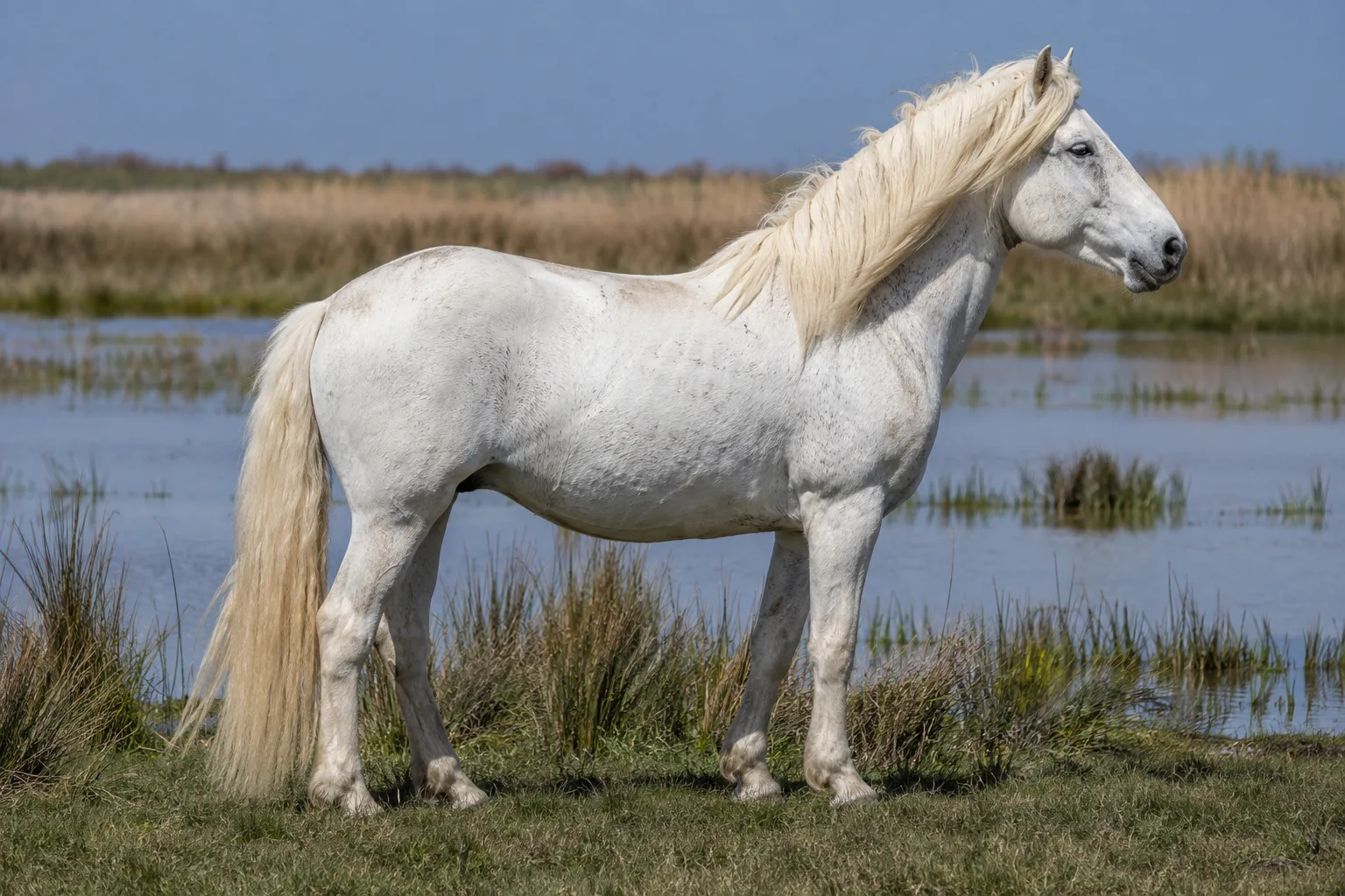 Cavallo Camargue intero, di profilo, nelle paludi della Camargue, mantello grigio, criniera e coda bianche.