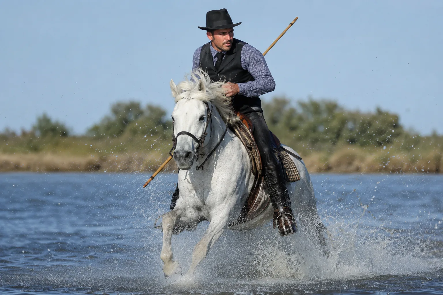 Cavallo Camargue al galoppo nell'acqua delle paludi, montato da un gardian.