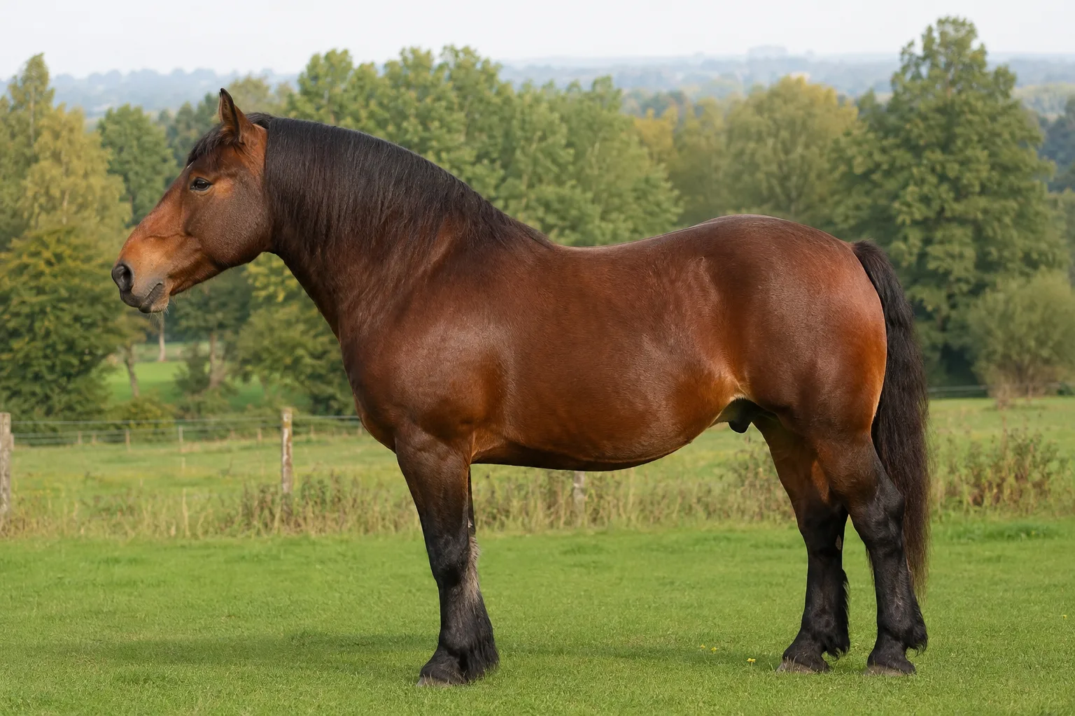 Cavallo Cob Normand baio, di profilo, in un prato verdeggiante della Normandia, che mostra la sua silhouette potente e compatta.