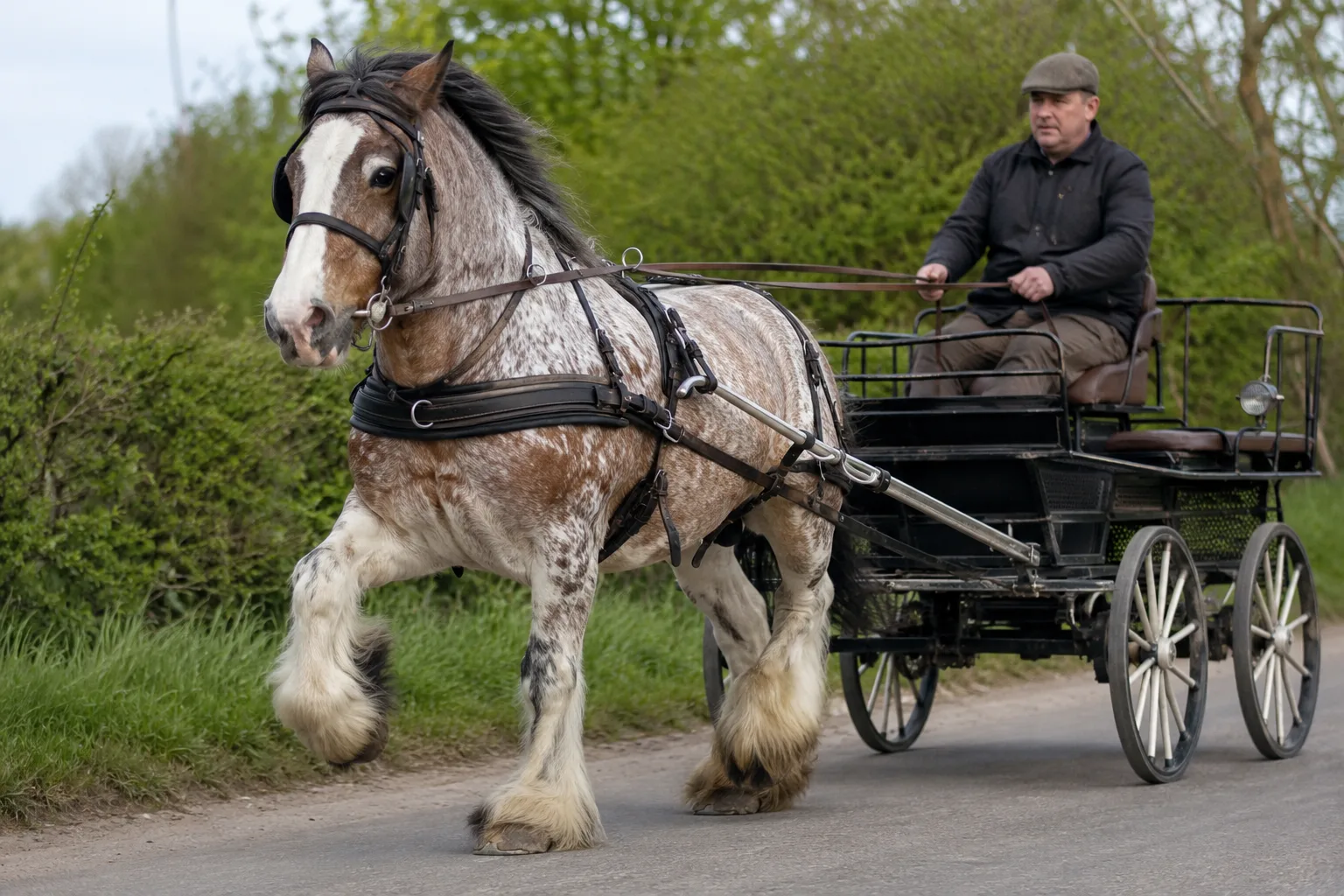 Cob Normand in azione, che tira una carrozza su una strada di campagna, dimostrando le sue attitudini all'attacco.