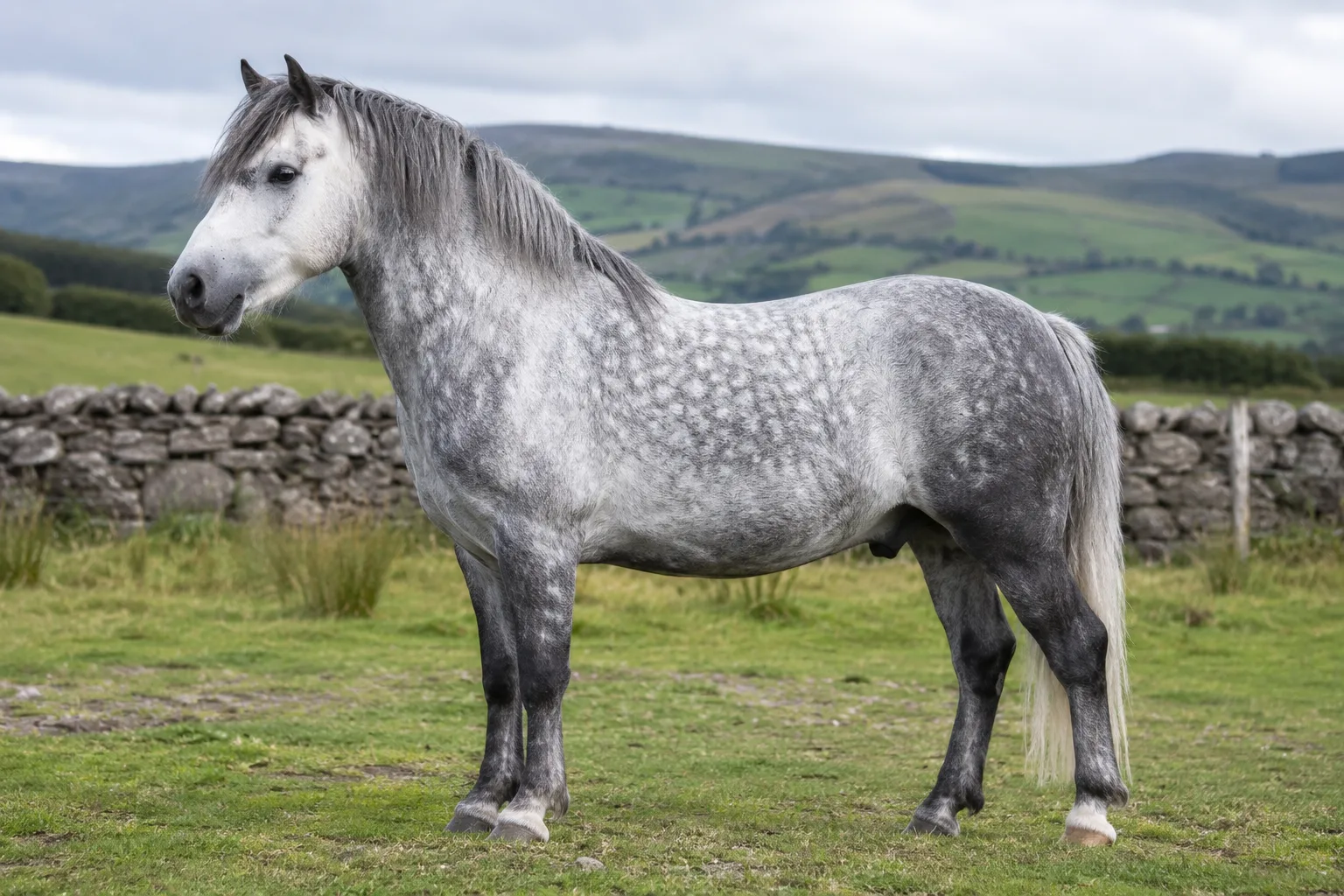 Grauer Connemara-Pony, Ganzkörperansicht im Profil, in einer typisch irischen Landschaft, der seine kompakte und muskulöse Morphologie zeigt.