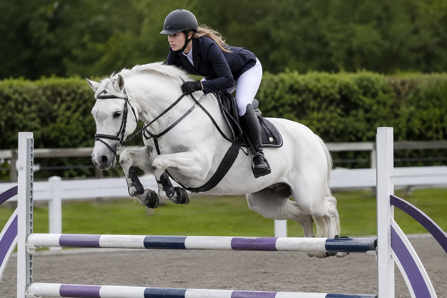 Connemara-Pony beim Springreiten mit einem Reiter, der seine Agilität und Kraft zeigt.