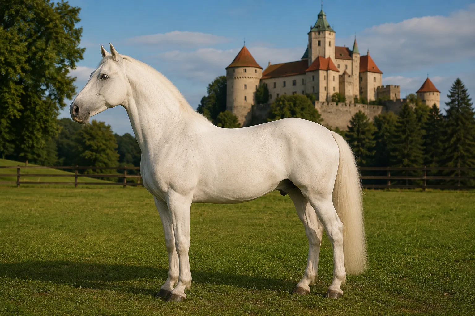 Criollo-Pferd im Profil in der argentinischen Pampa, Fellfarbe Gateado, kompakte und muskulöse Silhouette