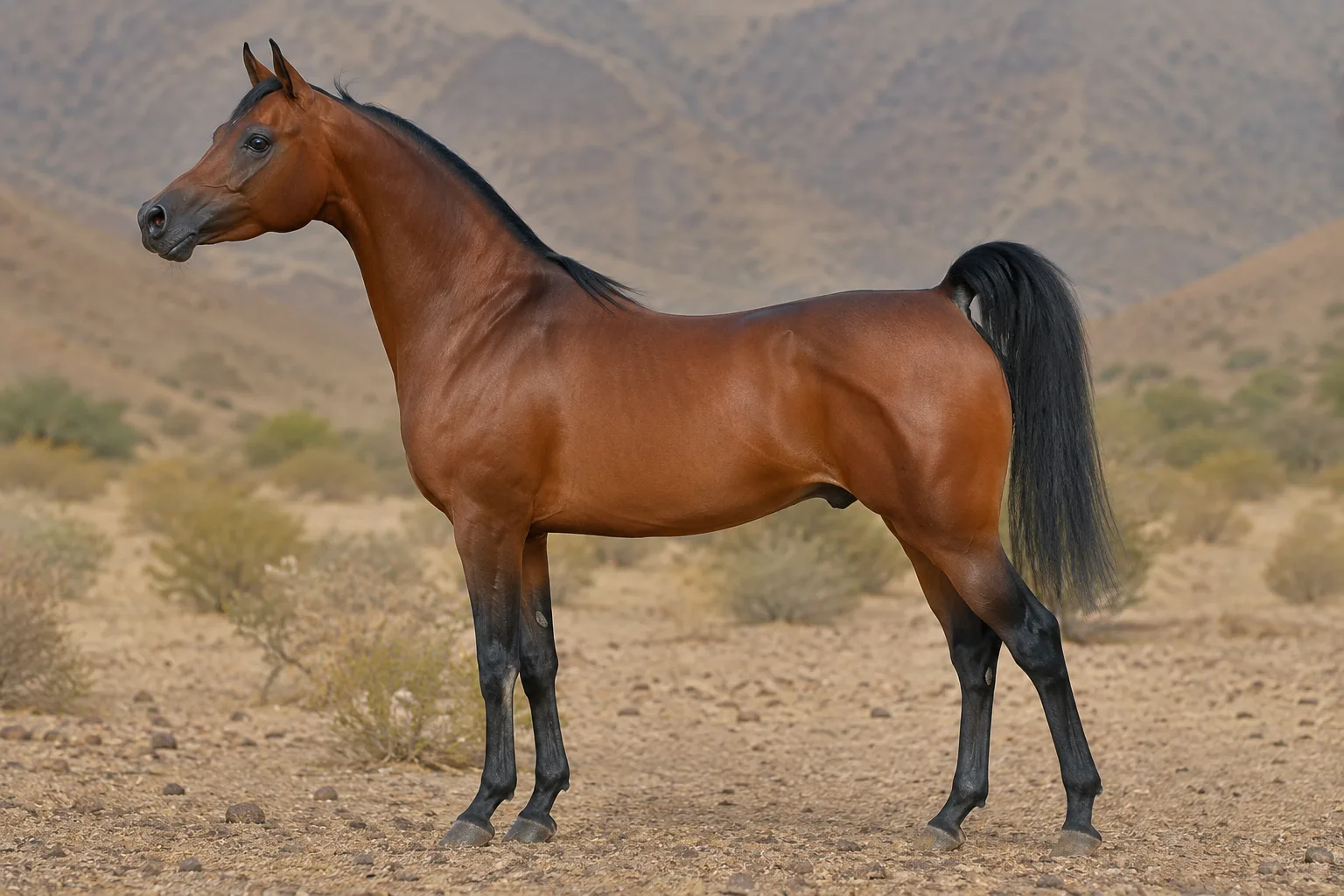 Brauner Falabella im Ganzen, im Profil, auf einer grünen Wiese, der seine geringe Größe und harmonischen Proportionen zeigt.