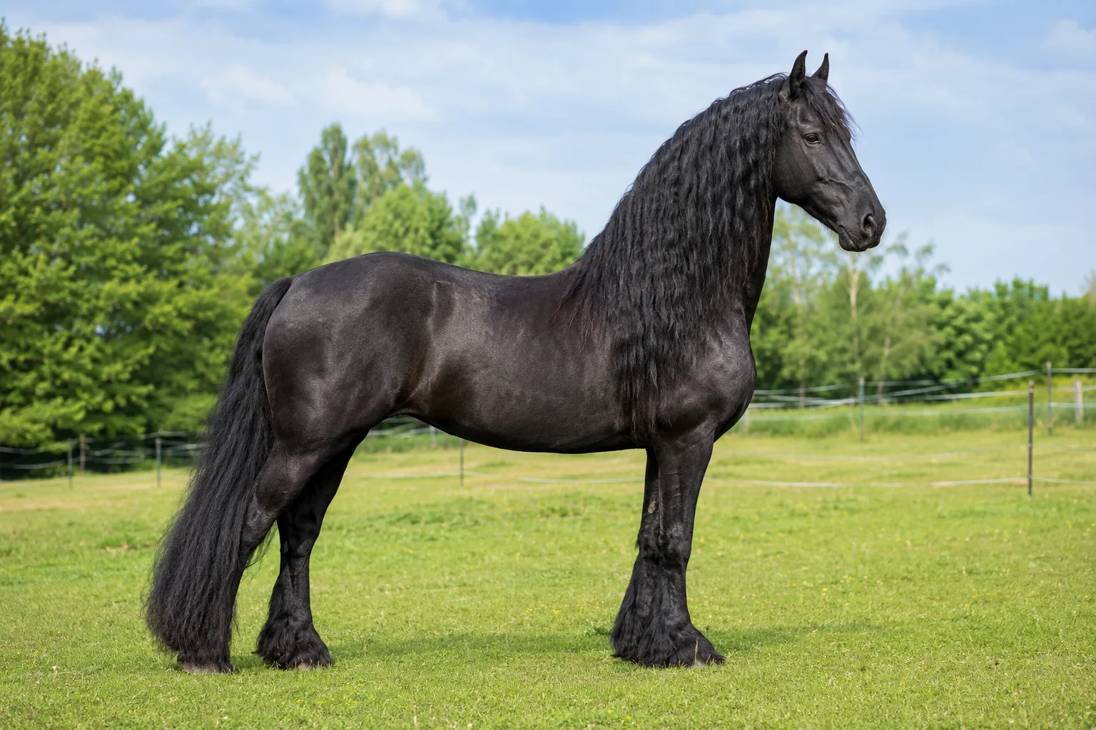 Schwarzer Friese, ganz, im Profil, auf einer grünen Wiese, mit langer, gewellter Mähne und Schweif sowie reichlichem Kötenbehang.