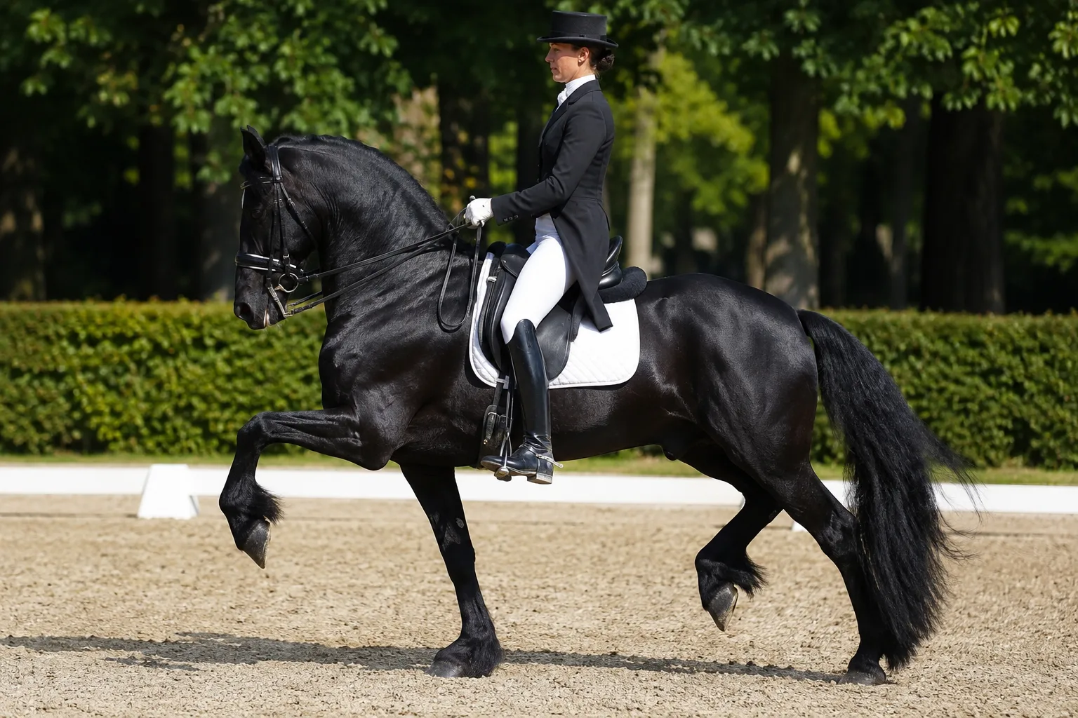 Schwarzer Friese im Dressurtrab, mit Reiter, der seine erhabenen Gänge und seine Eleganz zeigt.