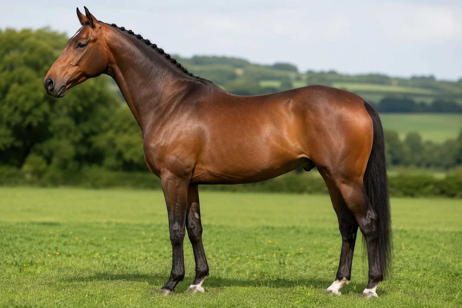 Caballo Hannoveriano bayo, de perfil, de pie en un prado verde, mostrando su morfología atlética y elegante.