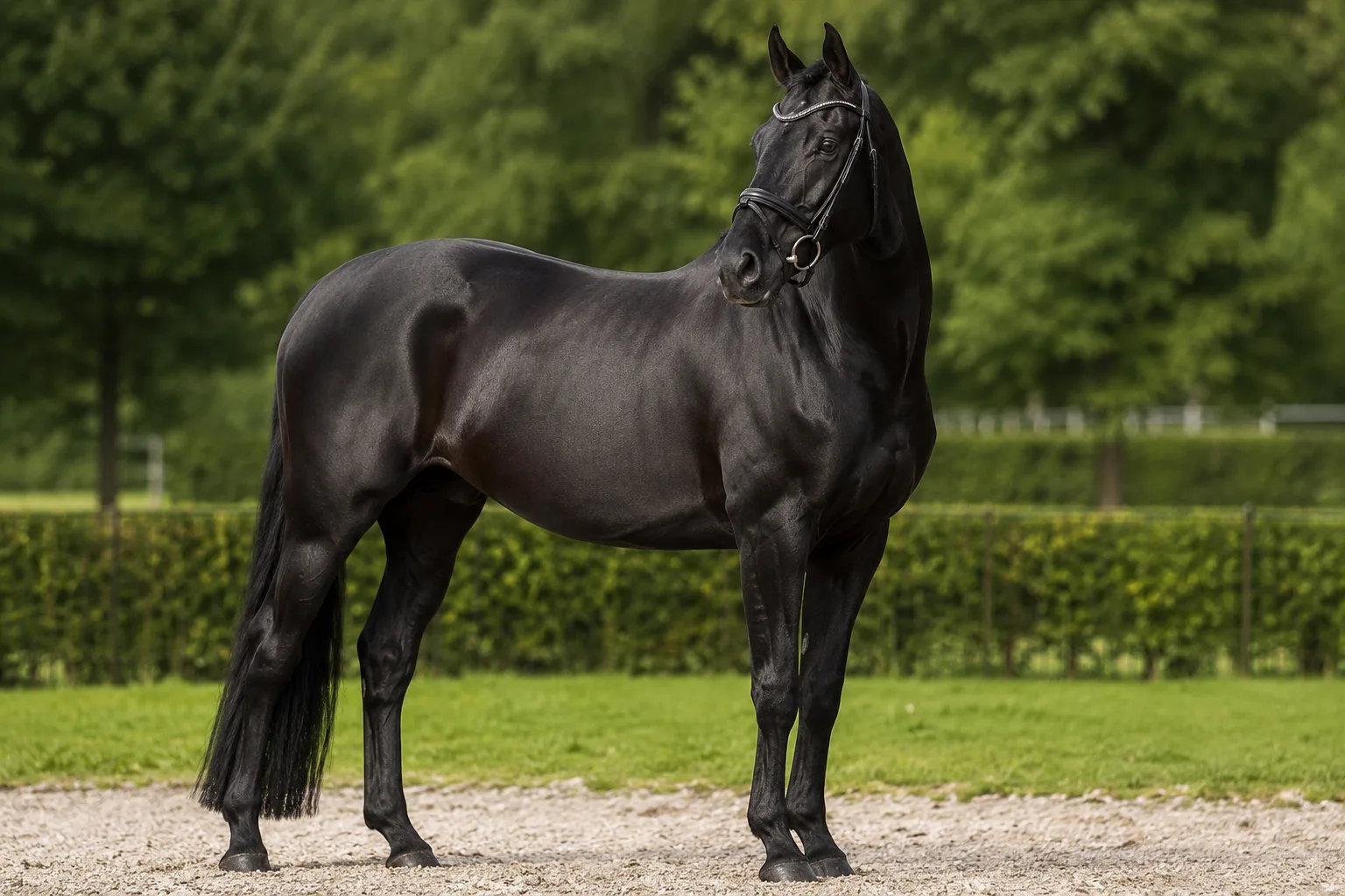 Caballo hannoveriano de capa negra, destacando el brillo de su pelaje y su potente musculatura.