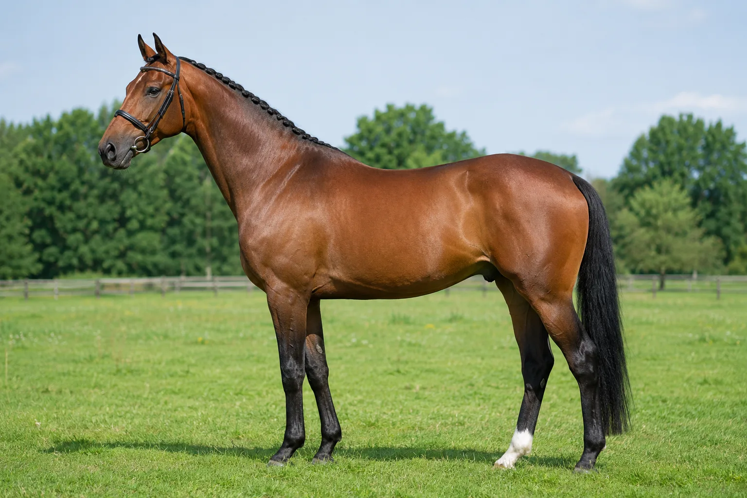 Caballo Holsteiner bayo, de perfil, en un prado verde, mostrando su silueta atlética y elegante.